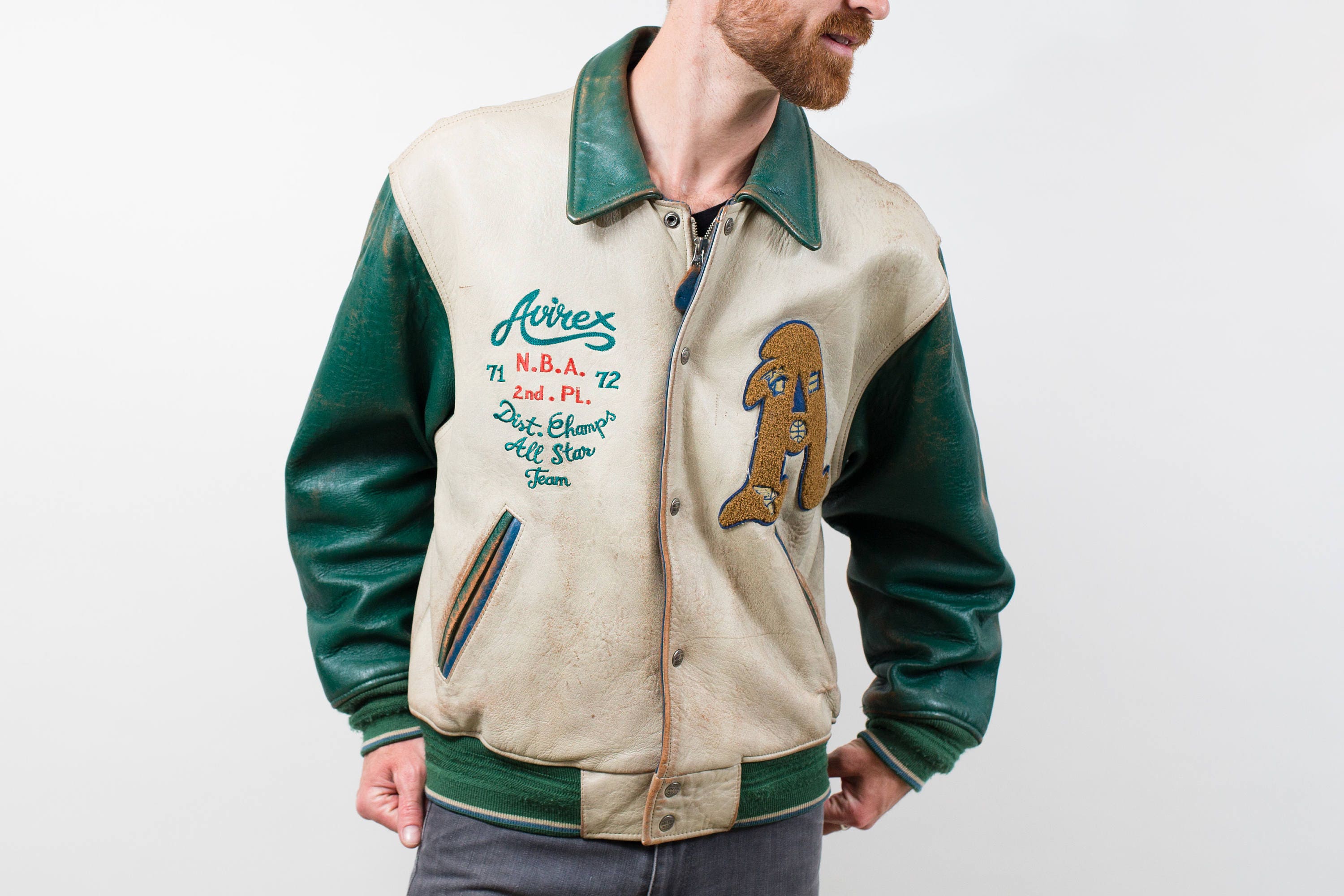 Leather Varsity Jacket 1970s Vintage Mens Medium Green And Cream