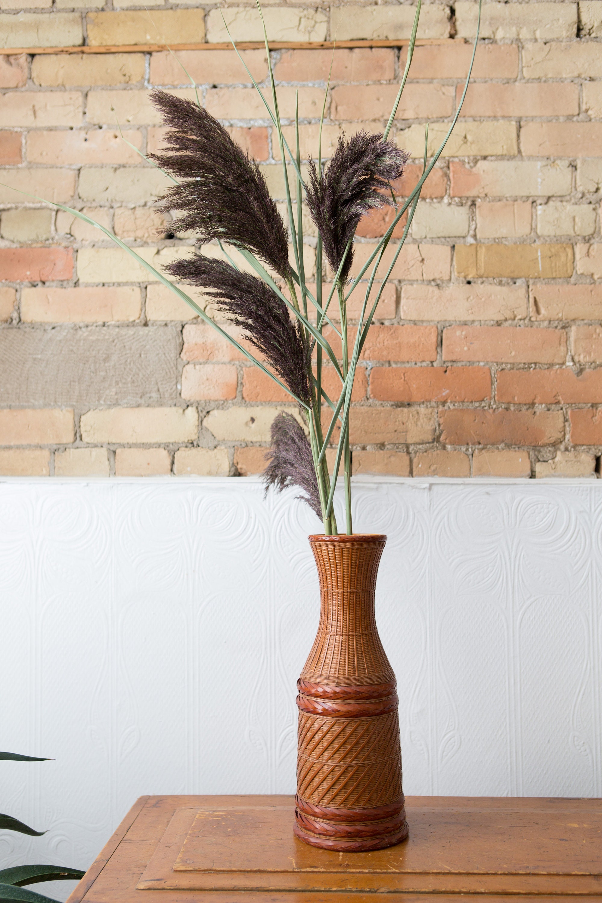 Woven Wicker Vase Large Vintage Rattan Geometric Lidded Flower Basket