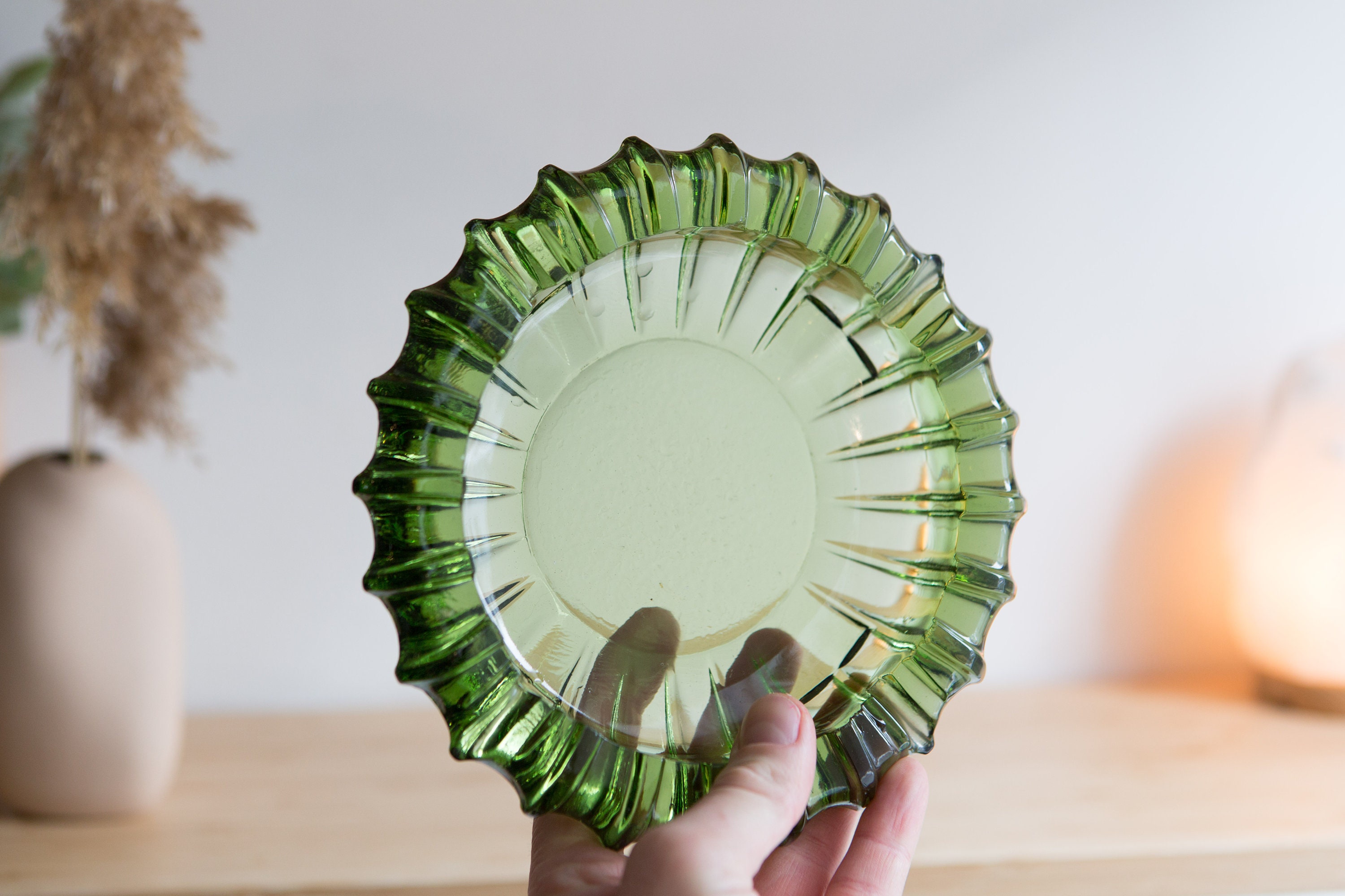 Green Glass Ashtray Vintage Ribbed Avocado Color Art
