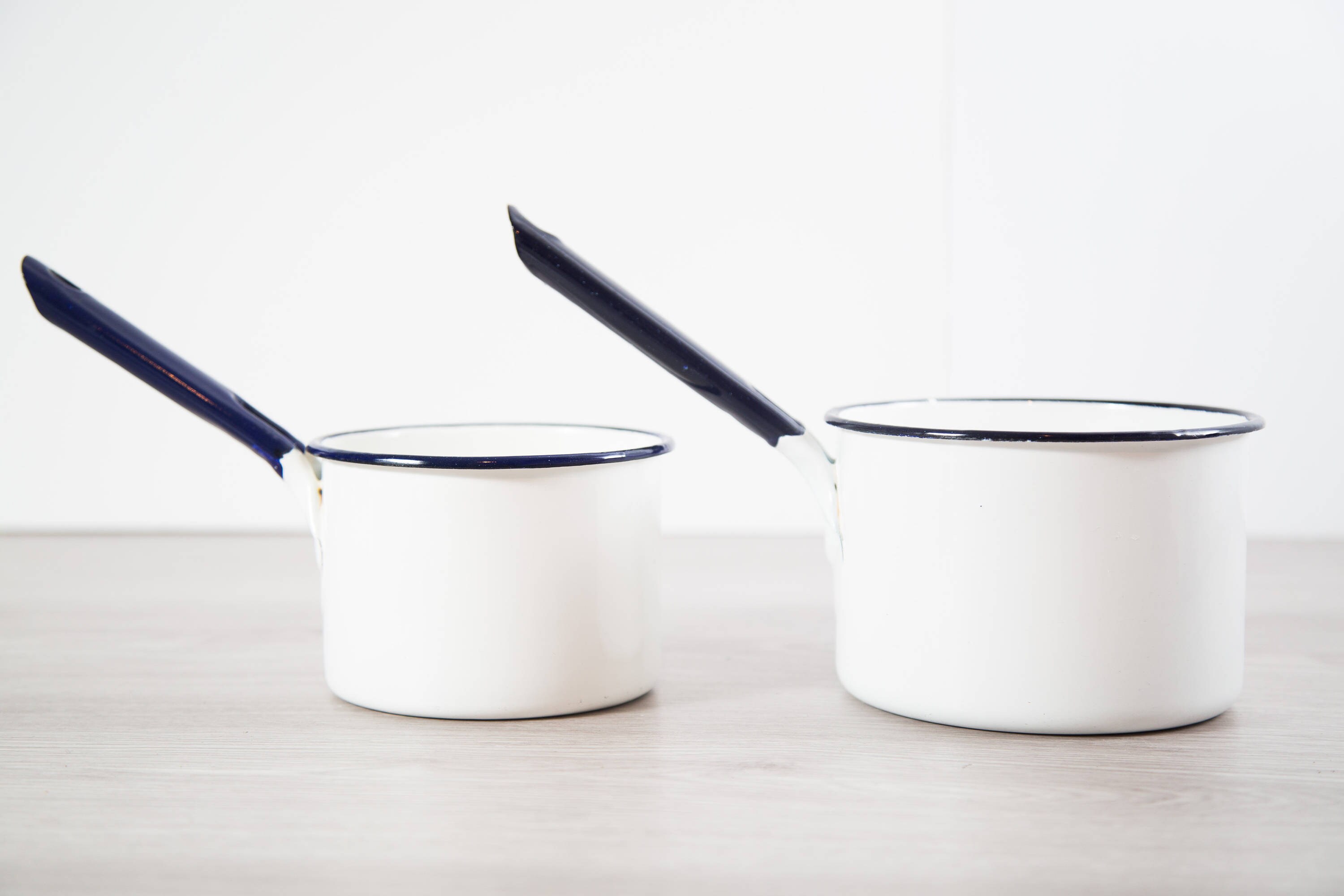 Enamel Cooking Pots / Pair of Vintage Blue and White Porcelain and