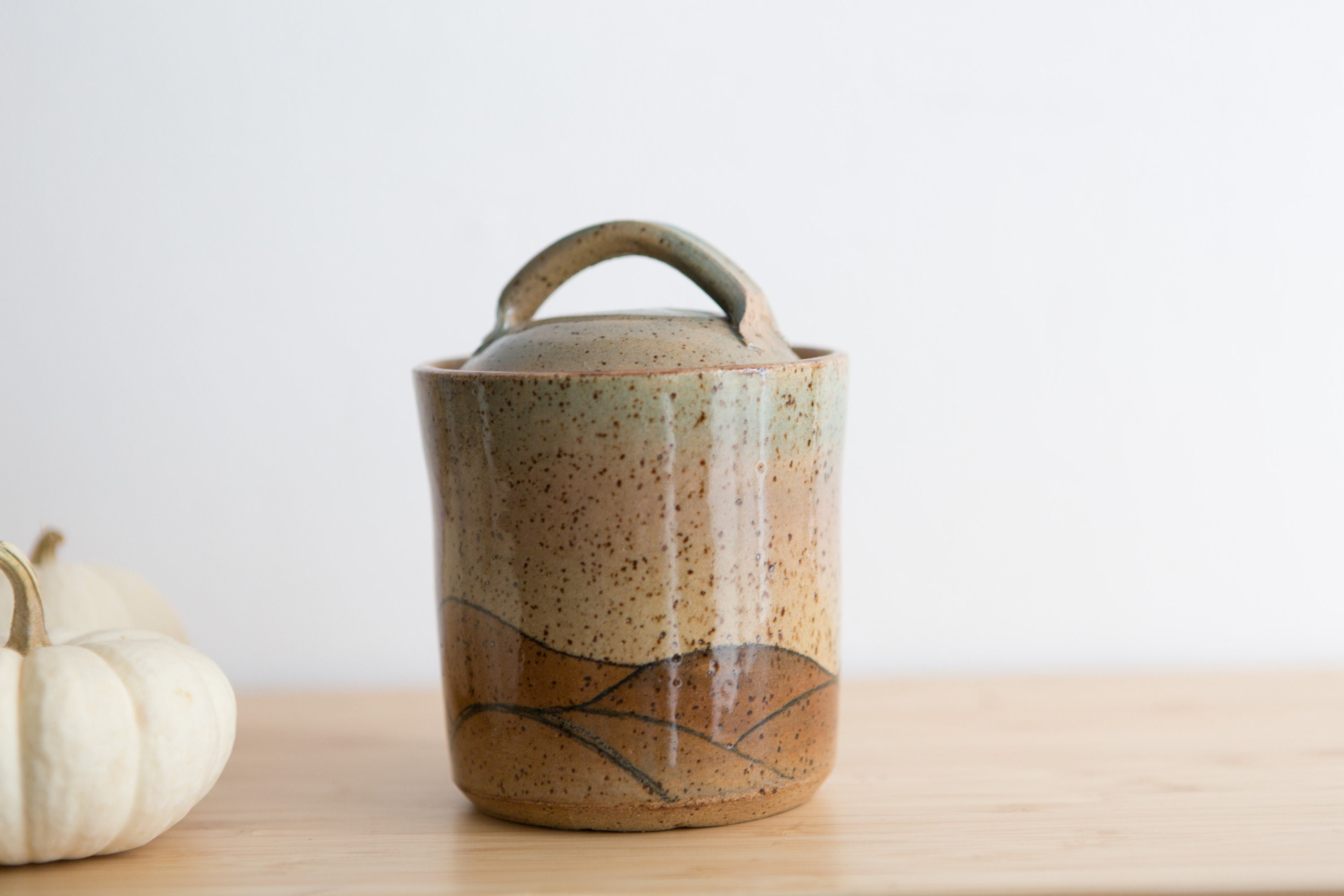 Handmade Ceramic Canister Painted Brown Speckled Vintage Boho Glaze