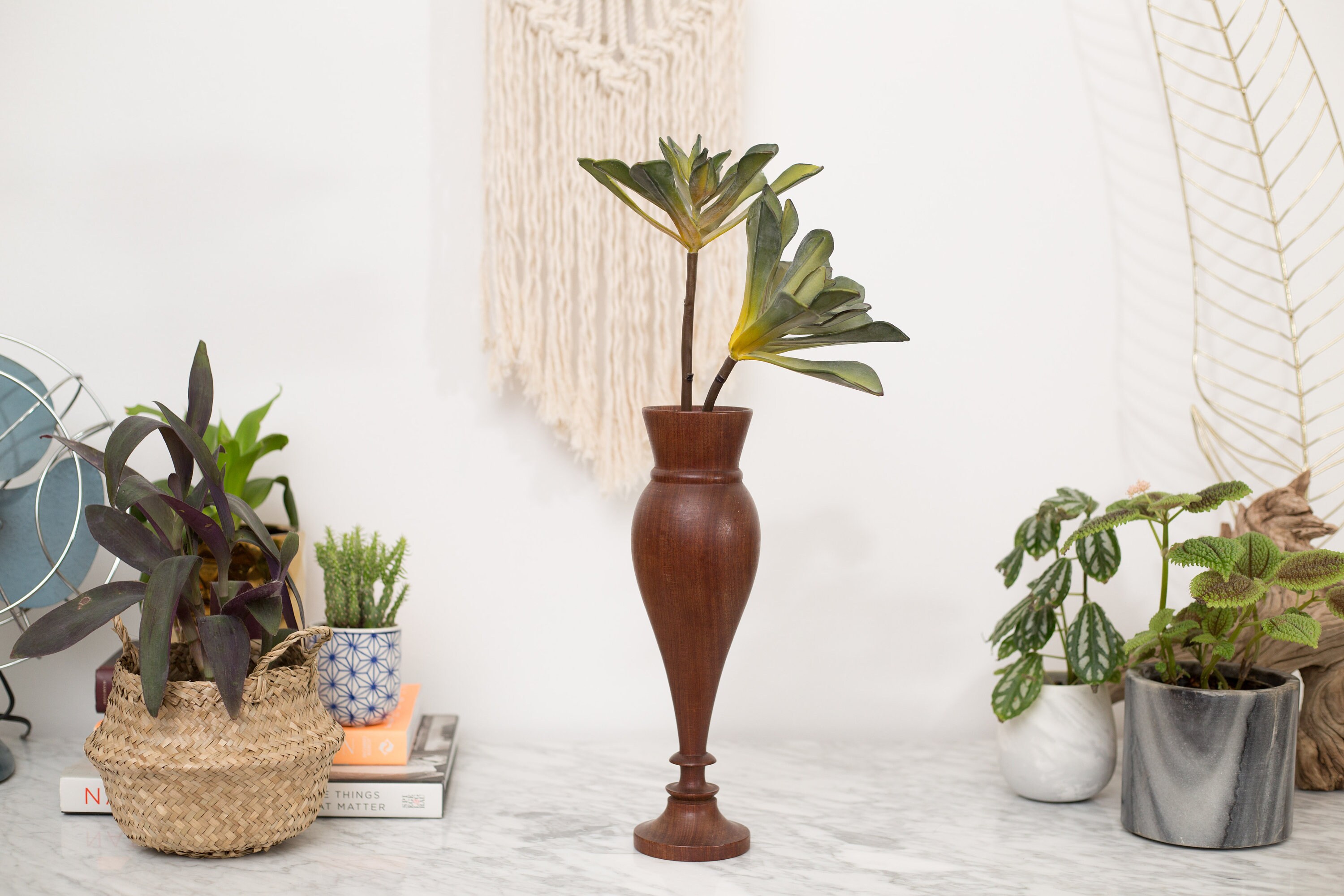 Vintage Wood Vase Mid Century Modern Primitive Flower Vase Solid Wood Fluted Bust Vase