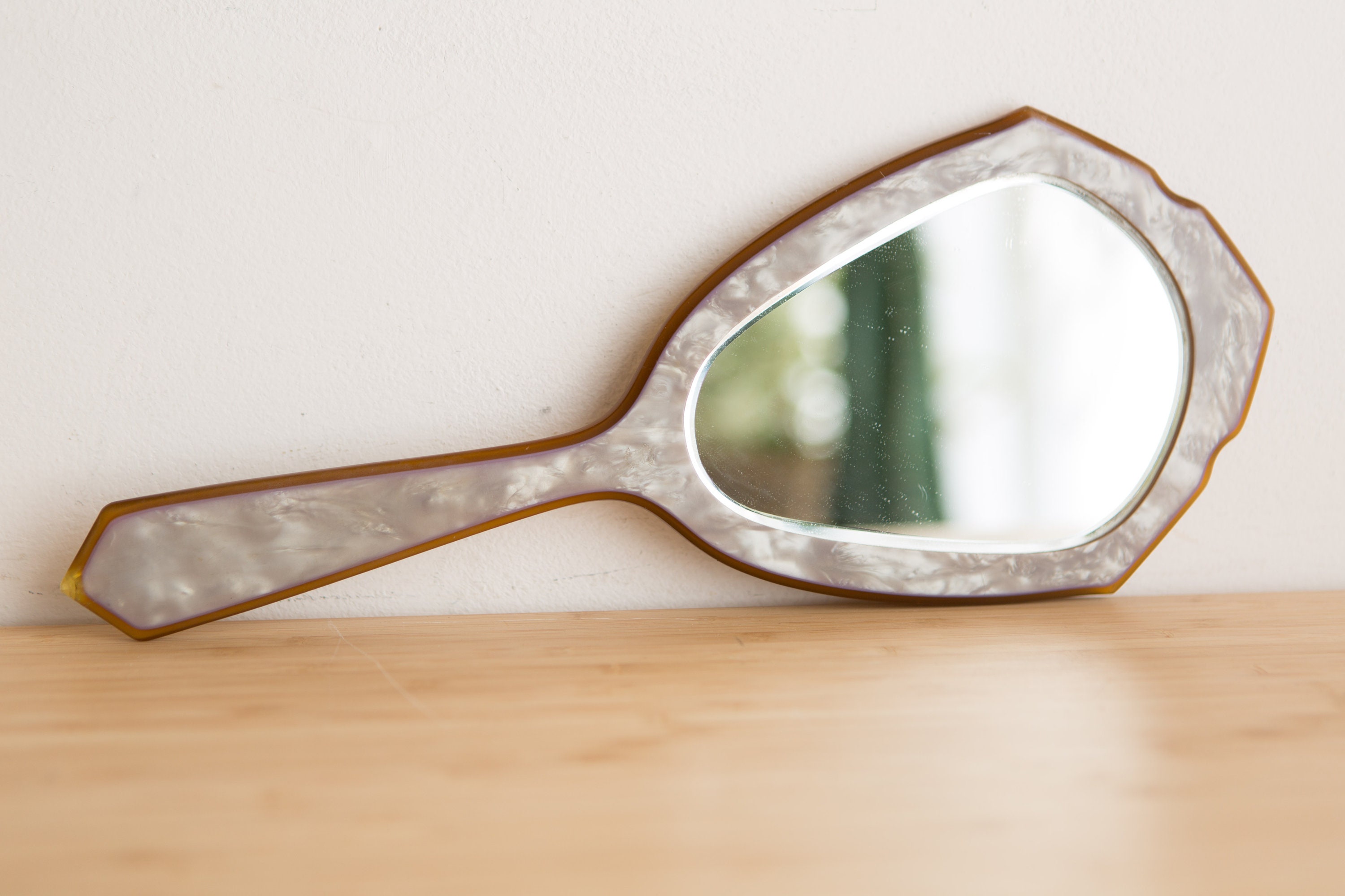 Vintage Vanity Hand Mirror Grey Marbled Floral Plastic Victorian