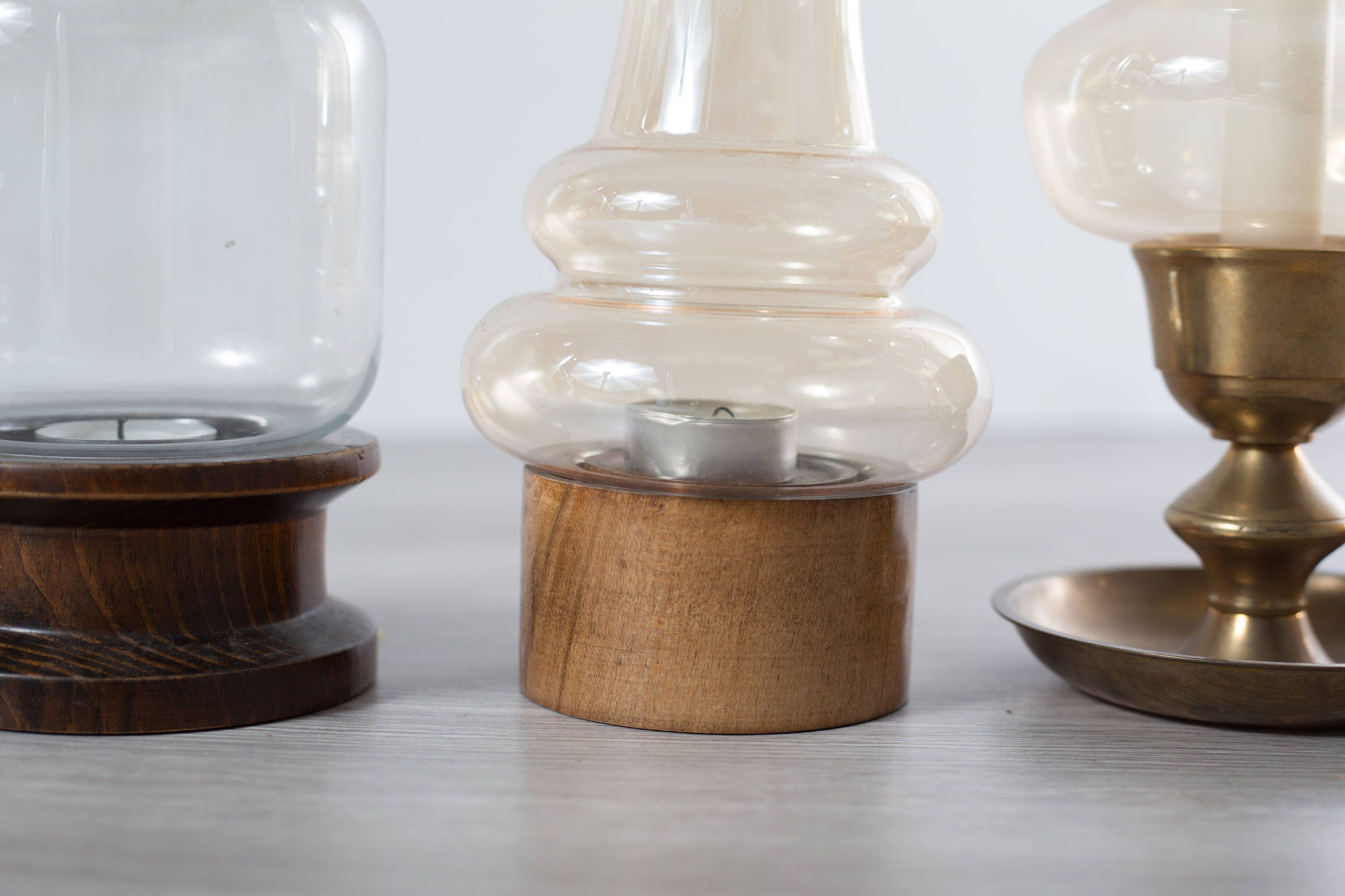 Chimney Candle Lanterns / Wood and Brass Tea Light Candlestick Holders