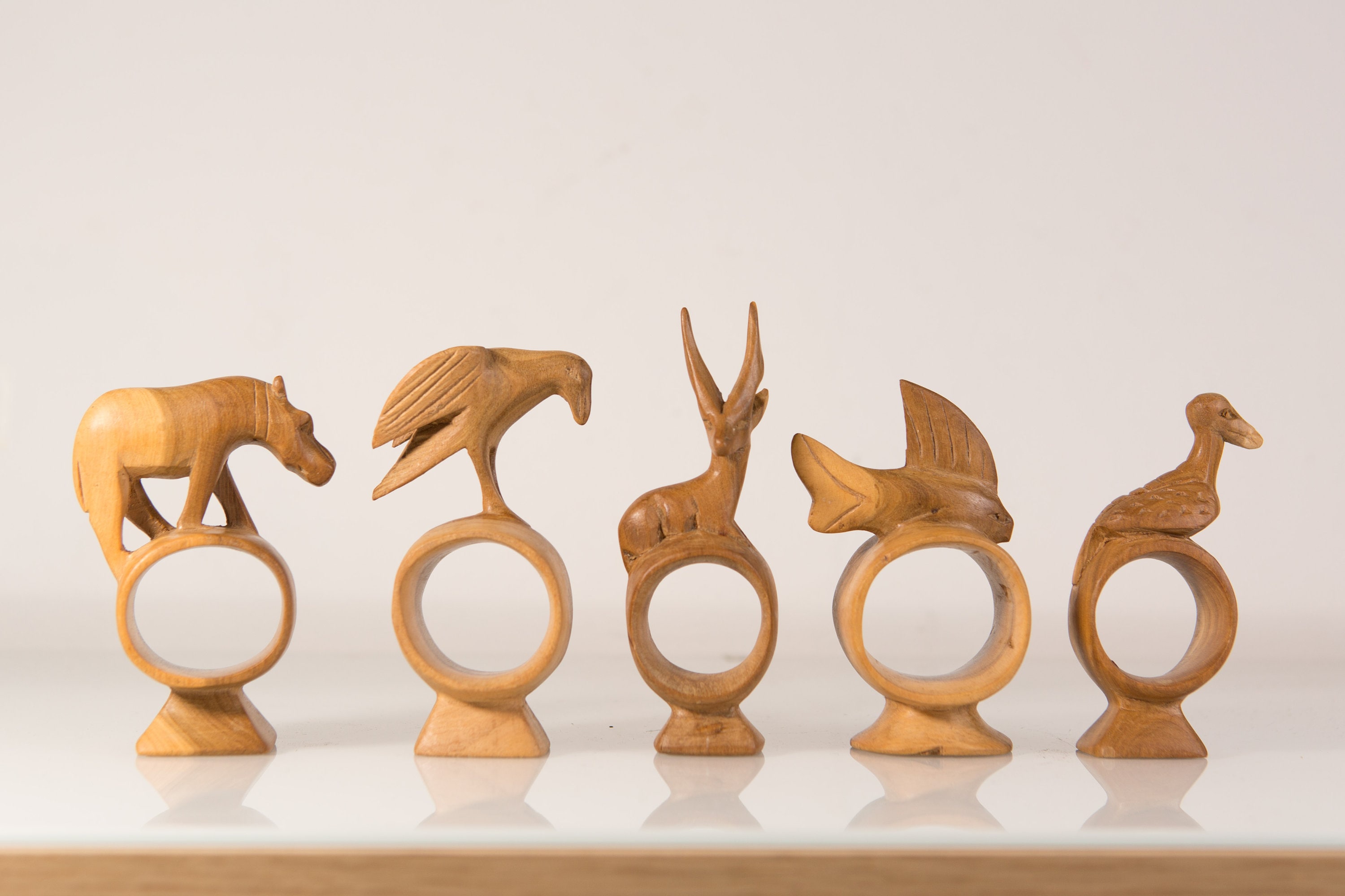 Hand Carved Wild Animal Wood Napkin Rings - Set of 5 Vintage African Folk  Art Carvings - Made in Kenya