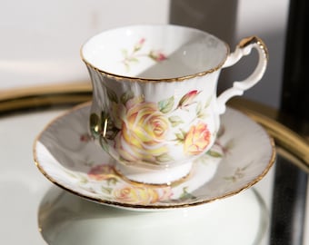 Paragon Fine Bone China Vintage Teacup and Saucer with Yellow  Flowers - White Tea Cup and Saucer - Made in England