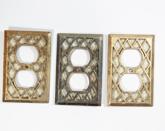 MEASUREMENTS 3 Vintage criss-cross Double Wall Plug Metal Outlet Cover Plates - Mid Century Wall Fixture Hardware / Switchplate