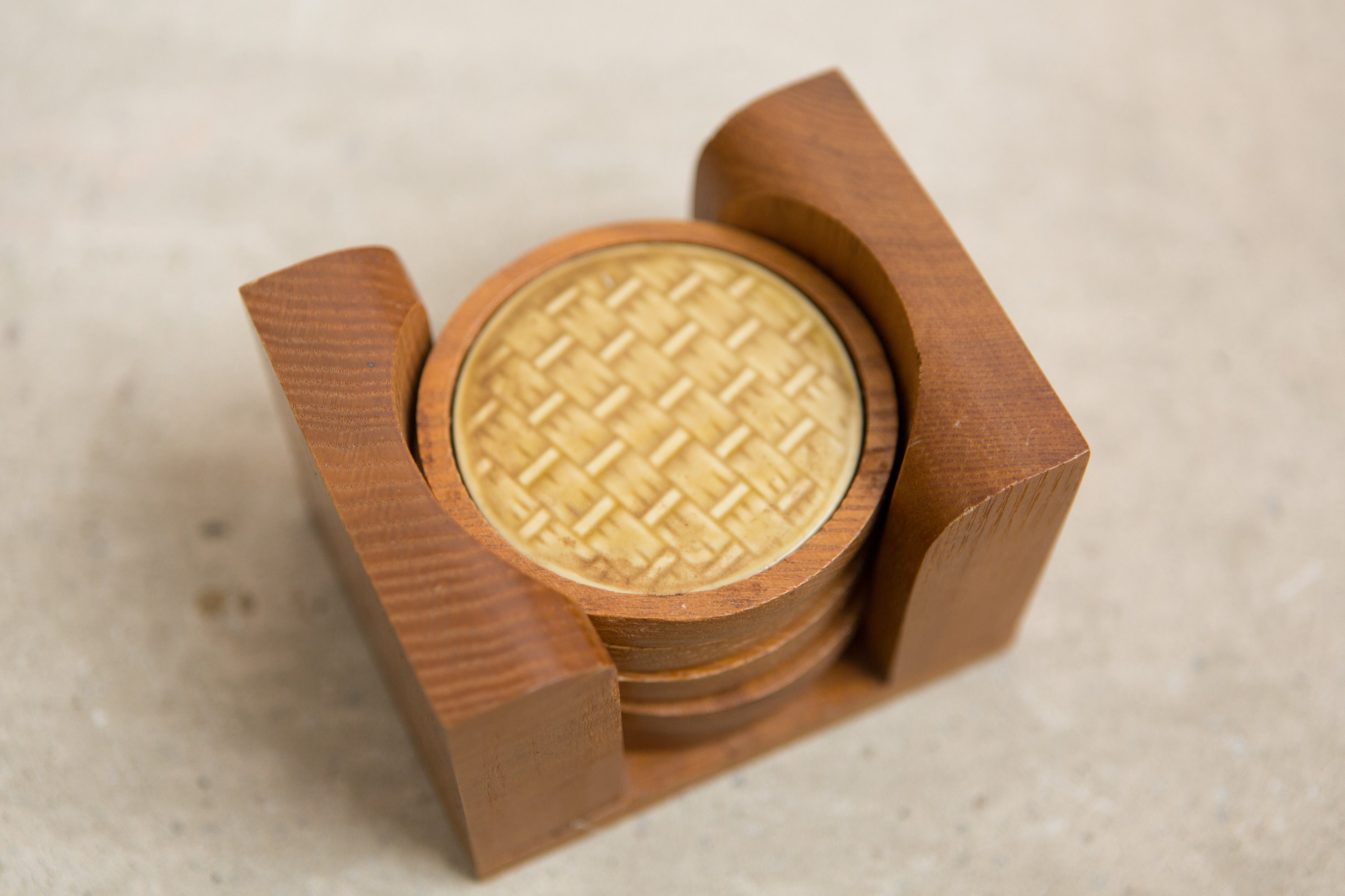 Vintage Ceramic and Wood Coasters Mid Century Modern Cocktail Coaster