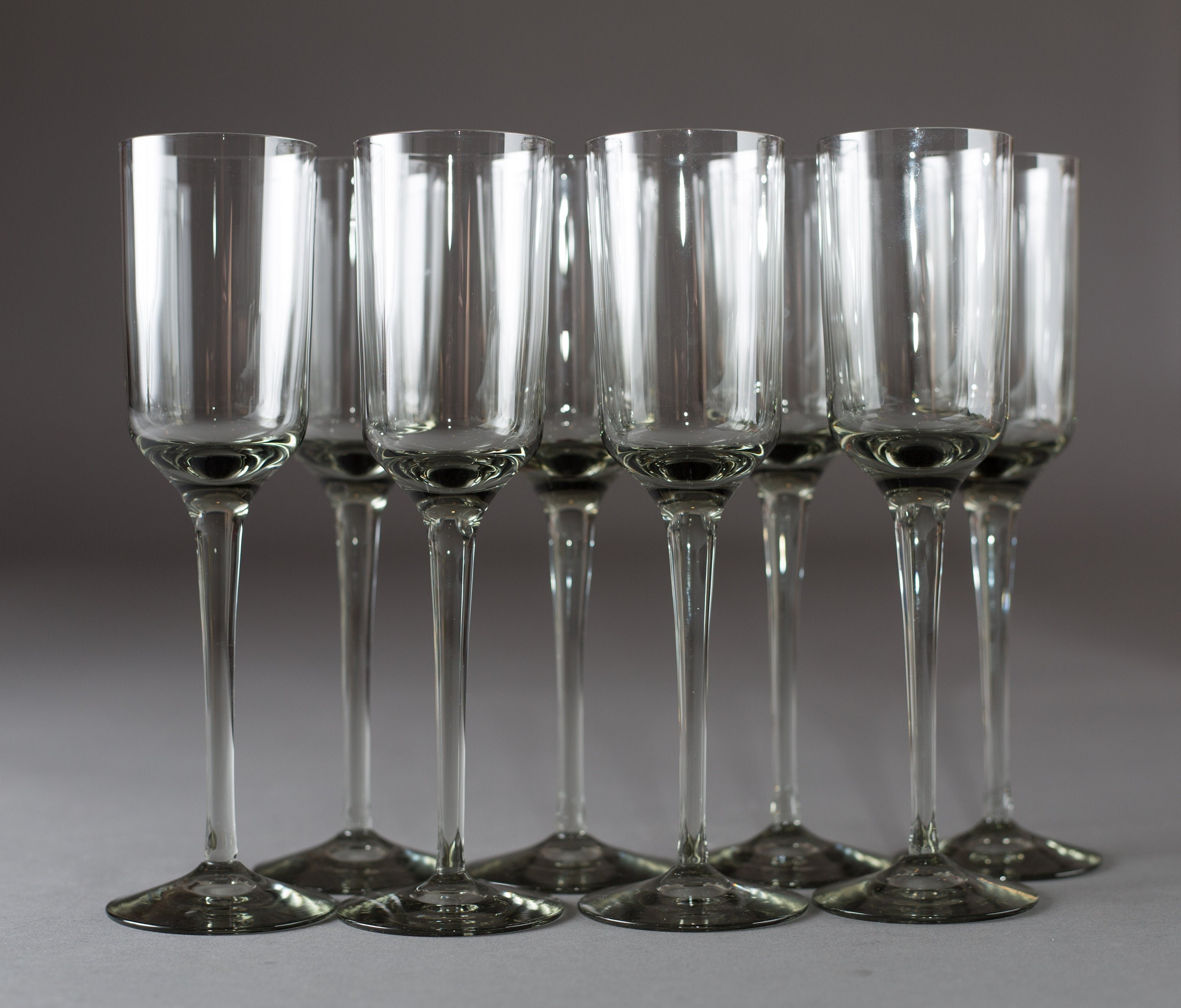 8 Smoke Grey Champagne Fluted 5oz Apéritif Glass Set of Vintage