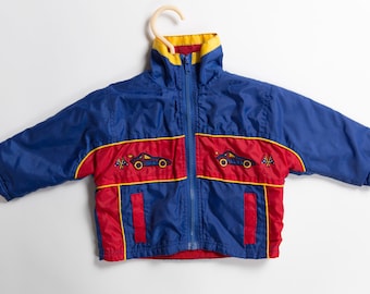 Boys Vintage Jacket - 80's/90's Color Block Toddler Coat with Racing Cars