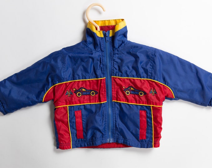 Boys Vintage Jacket - 80's/90's Color Block Toddler Coat with Racing Cars