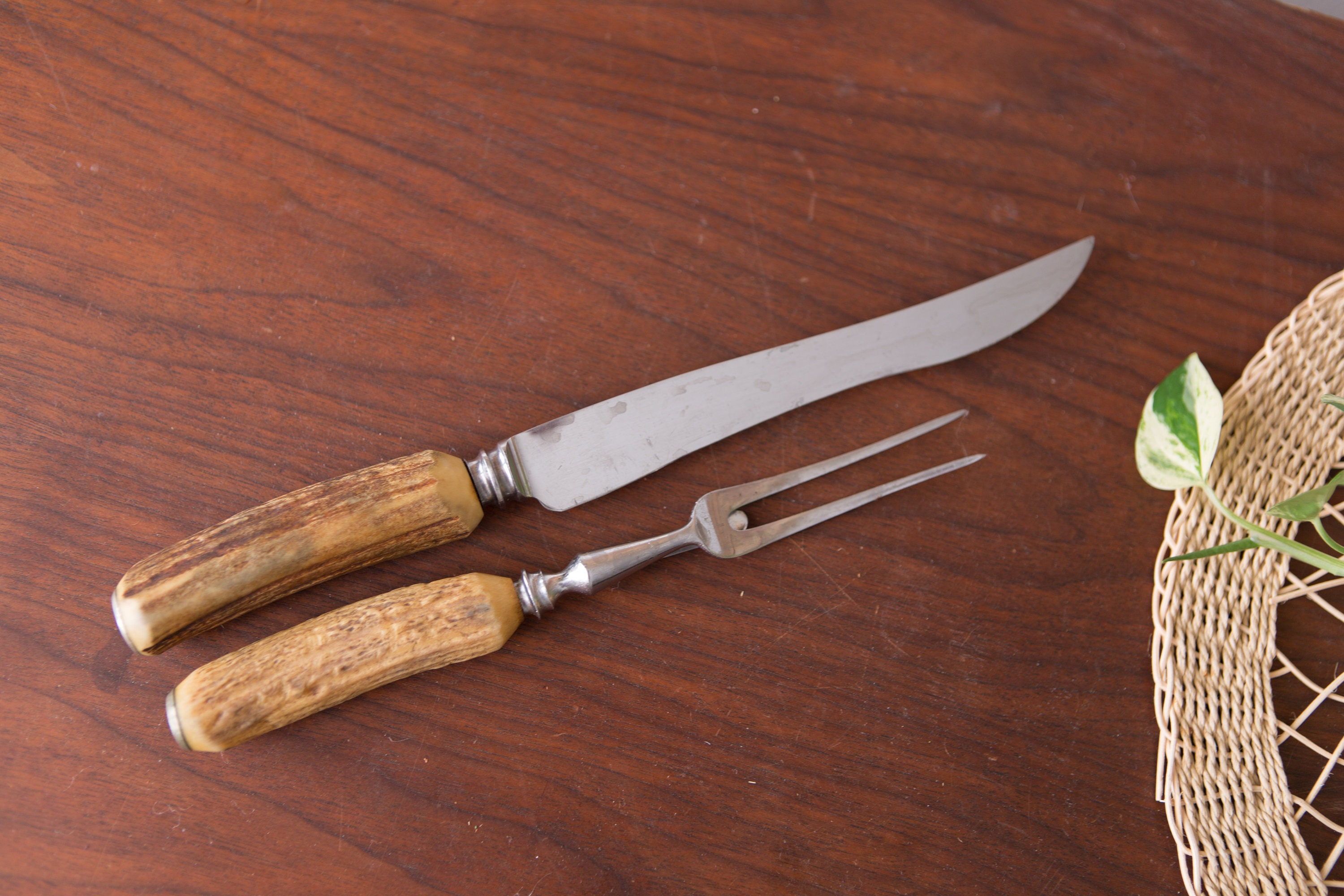 Vintage Knife and Fork Carving Set with Horn Handle Thomas Turner
