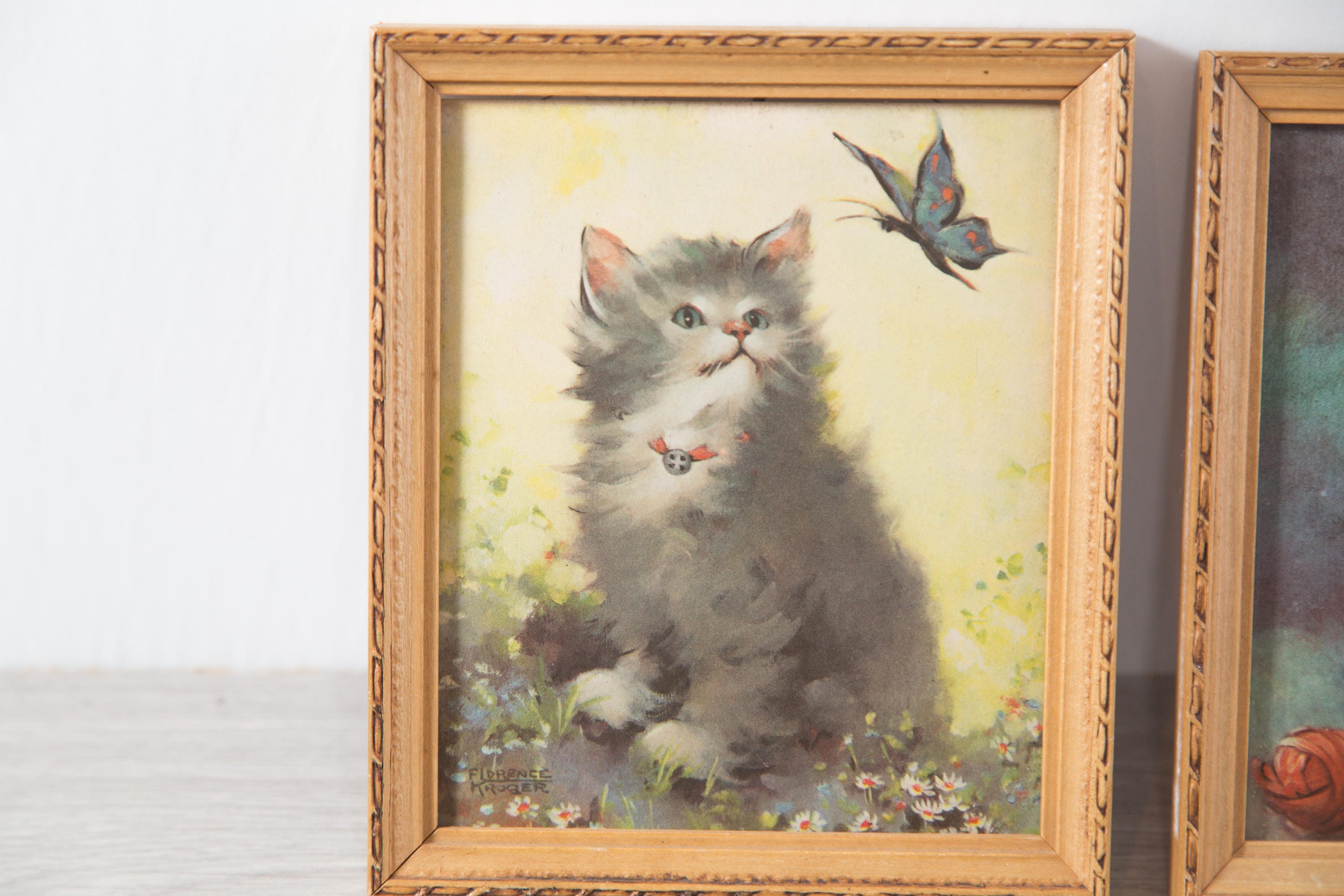 Vintage Cat Prints / Small Framed Rustic Lithographs of Sitting Kittens ...
