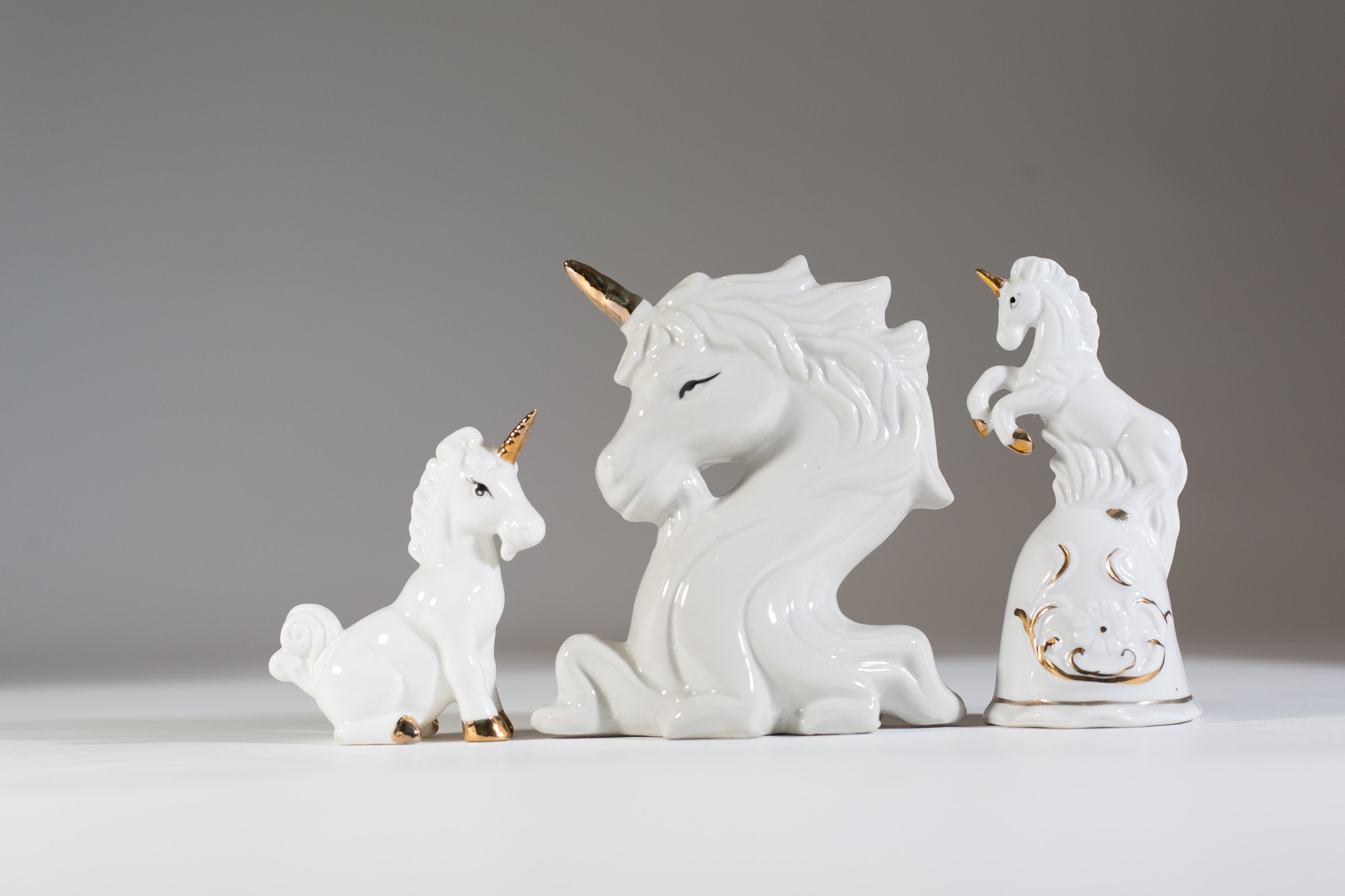 Vintage Ceramic Unicorns 5 semigloss White and gold Unicorn Figurine