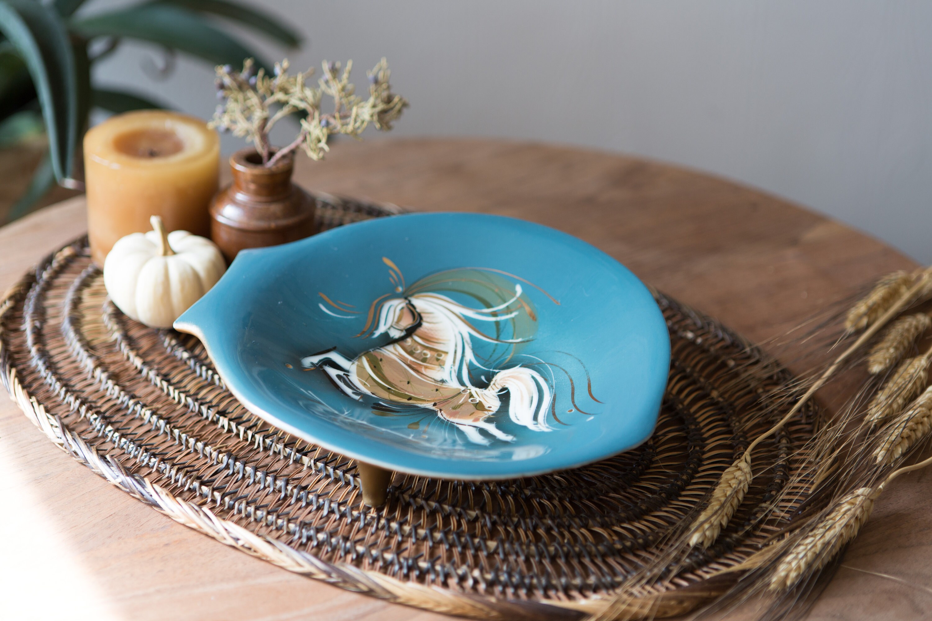 Vintage Glazed Ceramic Bowl Signed by Artist Blue and Gold Painted