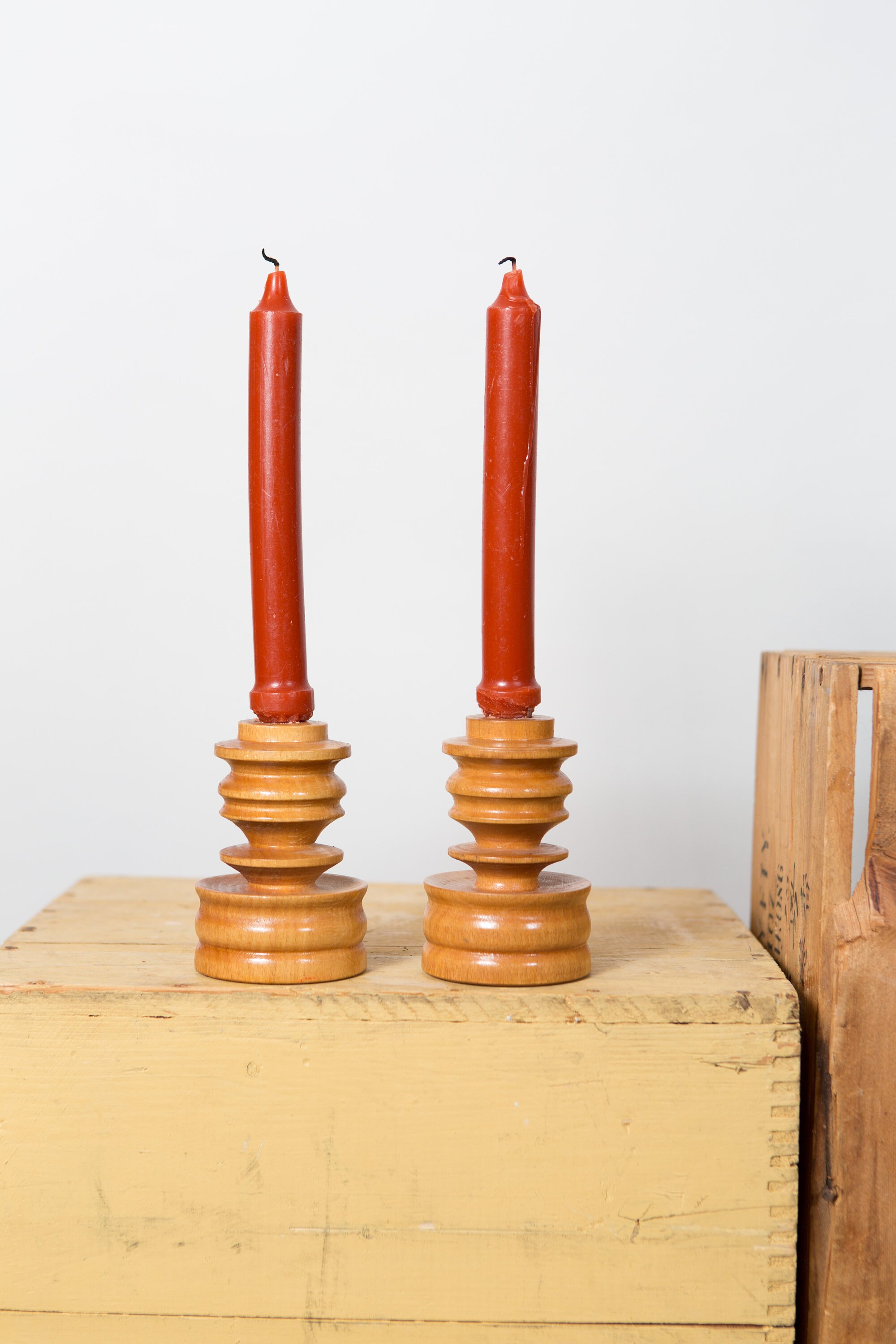 Vintage Wood Candlestick Holders Rustic Modern Maple Coloured