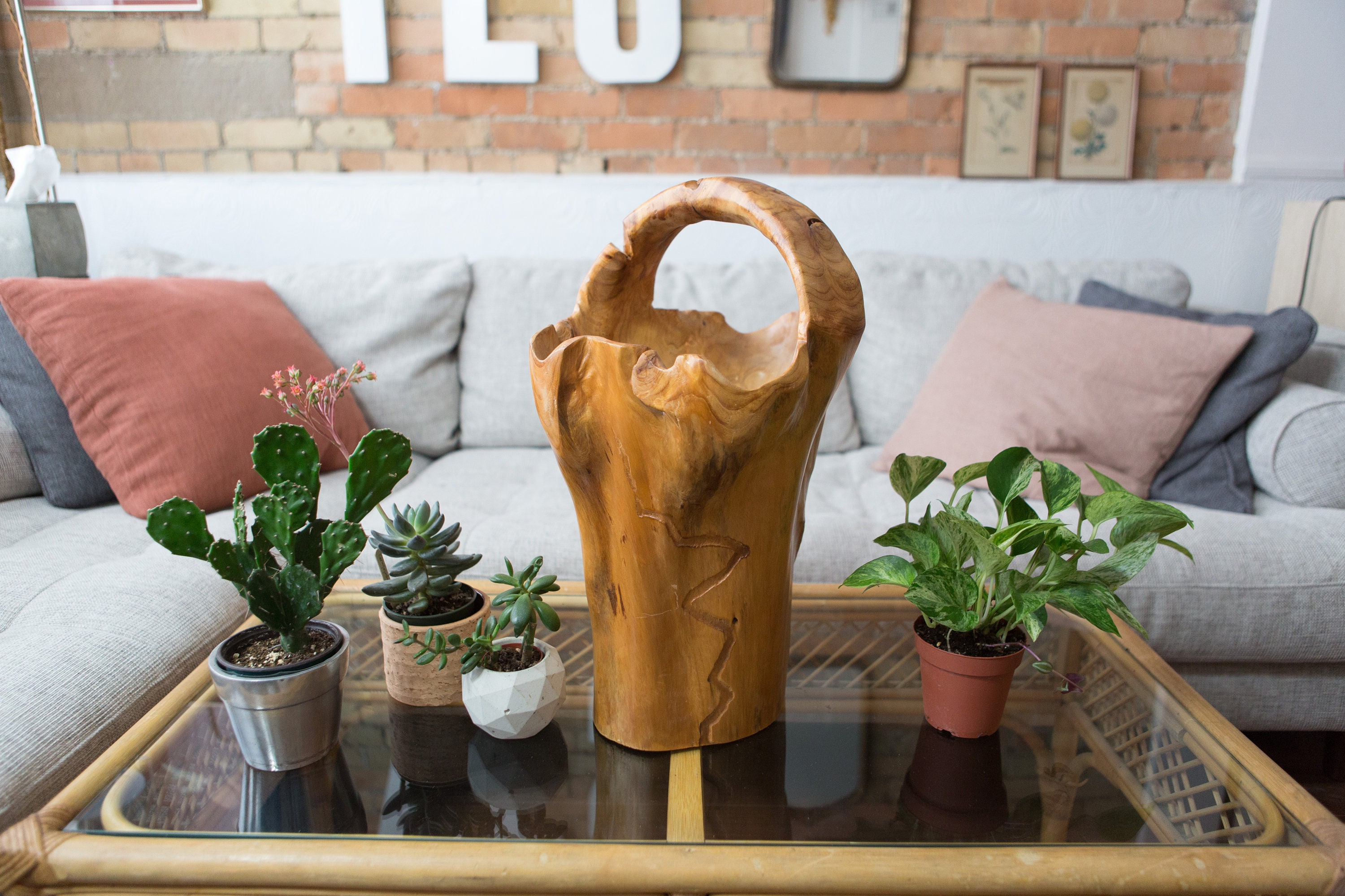Vintage Wood Baskets Canadian Made Tree Stump Carving with Handle