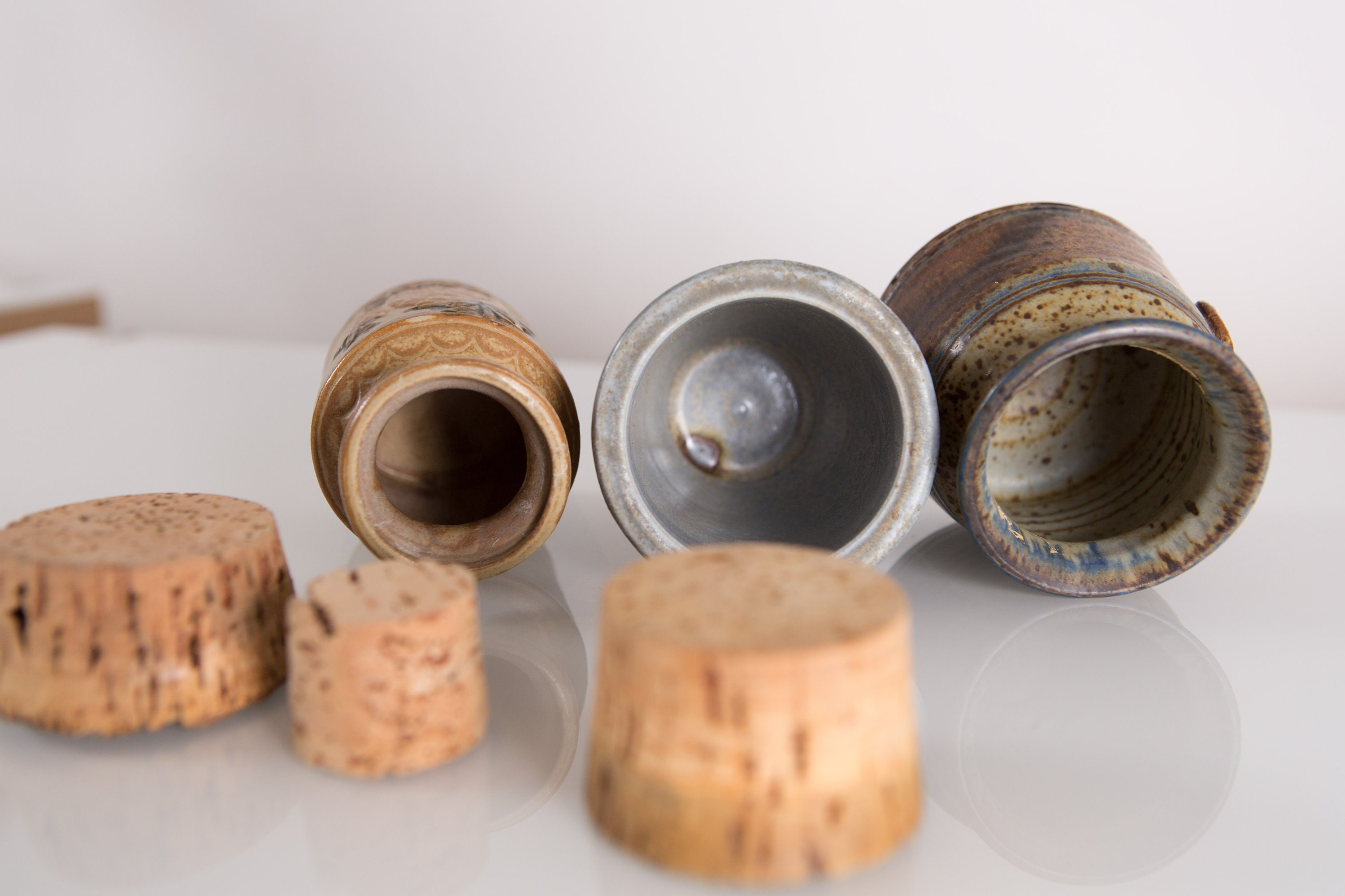 Vintage Ceramic Jars with Cork Stoppers Speckled Earthy Glaze Lidded