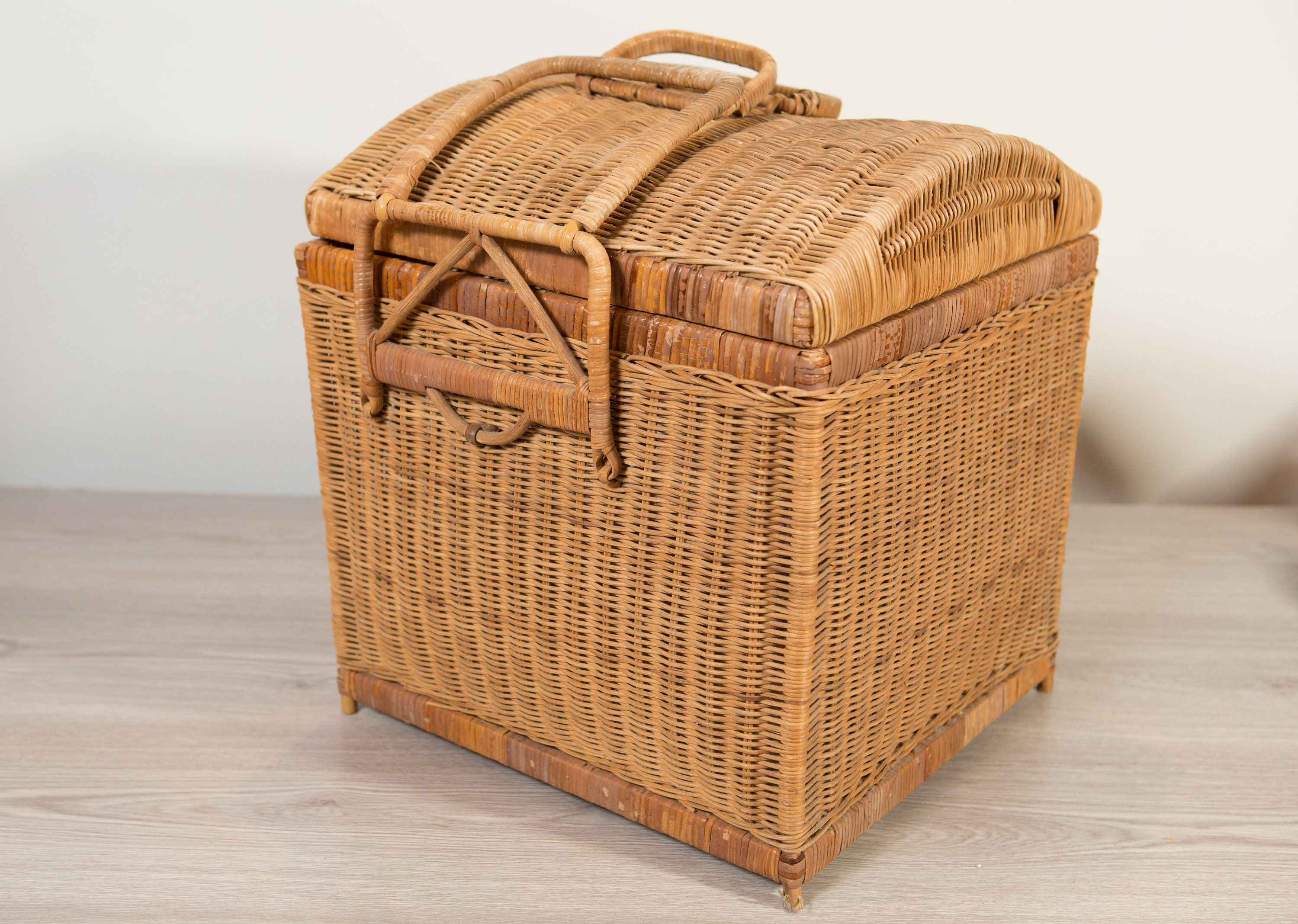 1960's Rattan Wicker Picnic Basket Vintage Brown Woven Square Basket