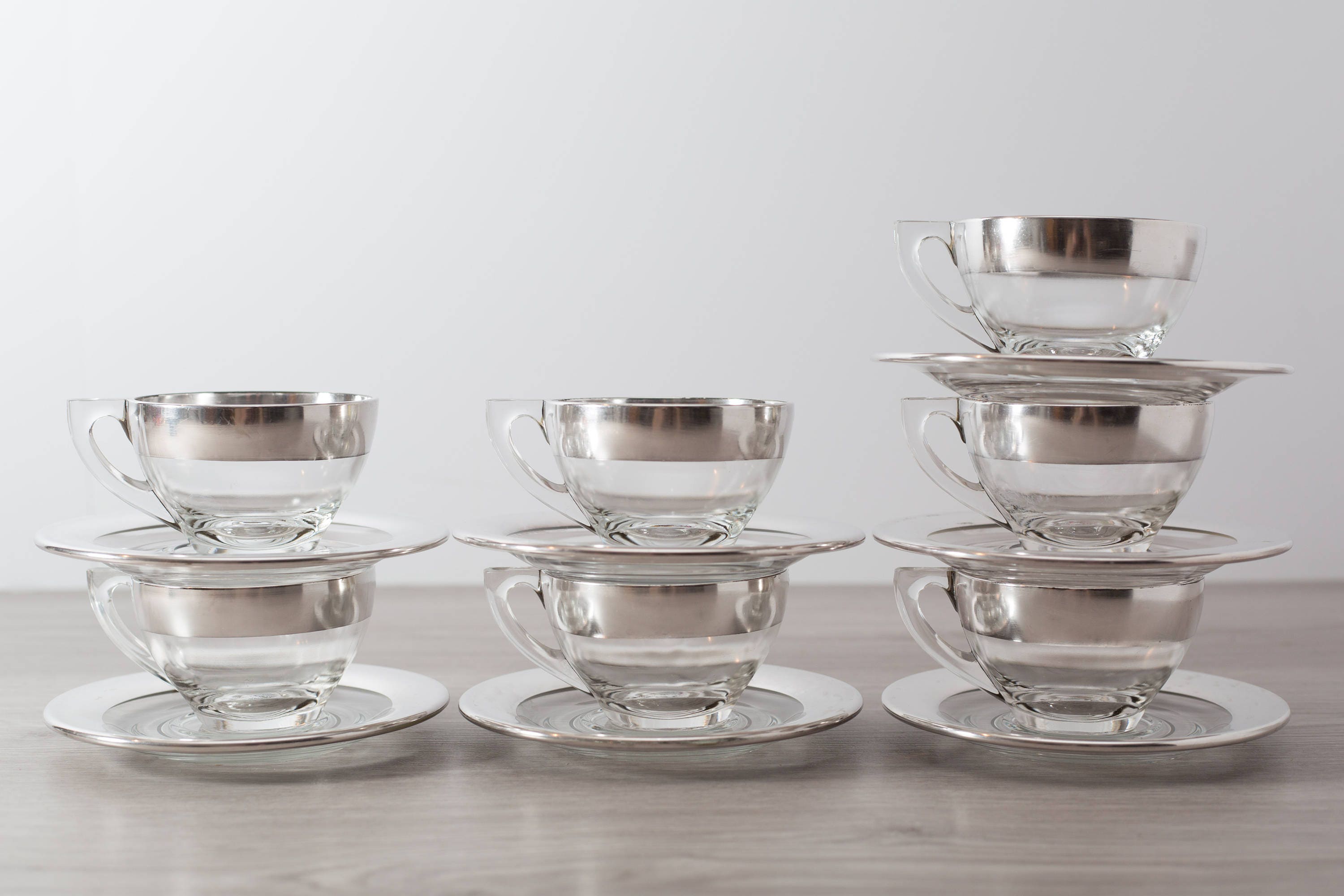 Glass and Silver Teacups / Set of 7 Vintage Silver Banded Tea Cups and