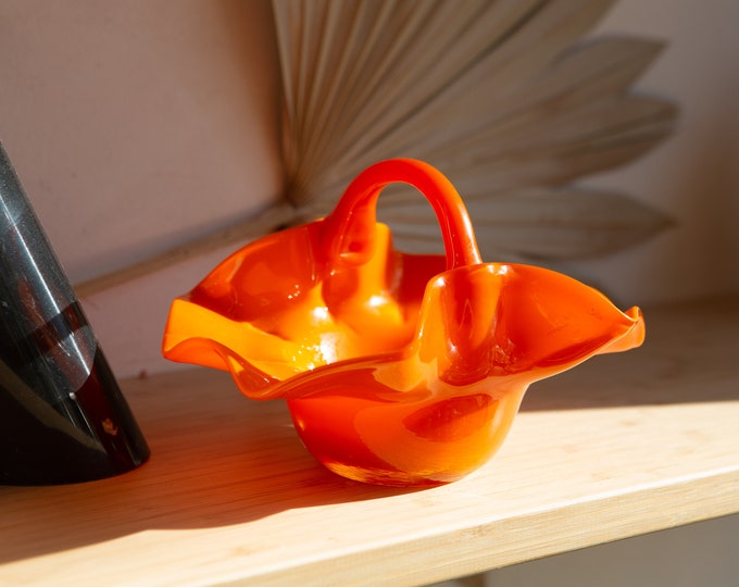 Orange Glass Basket / 80's Colorful Candy Dish Glass Decorative Art Glass Bowl