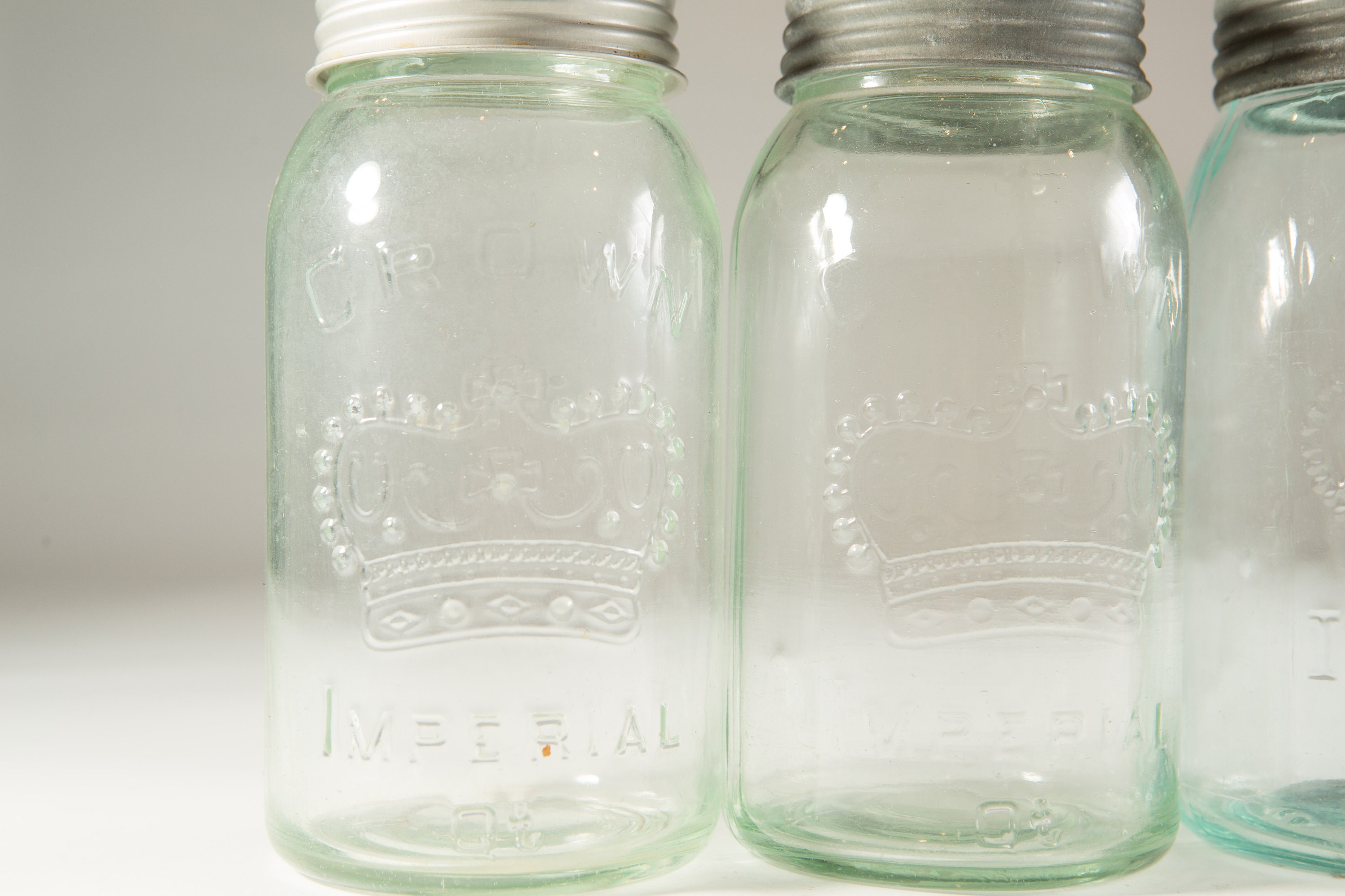 5 Vintage Crown Canning Mason Jars with Blue Glass and Zinc Lid (Made