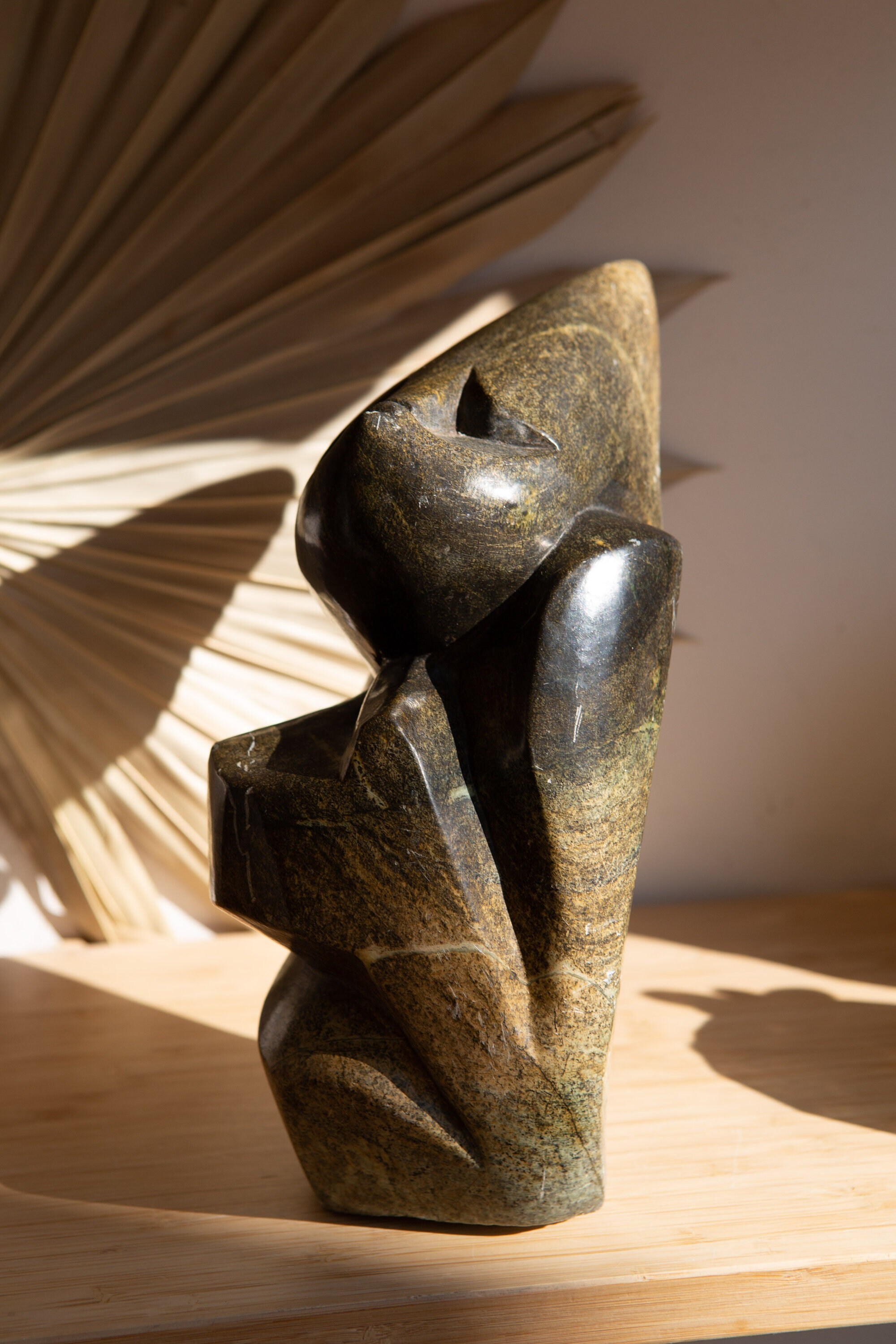 Vintage Shona Sculpture Green Stone African Carving of Sitting Man or