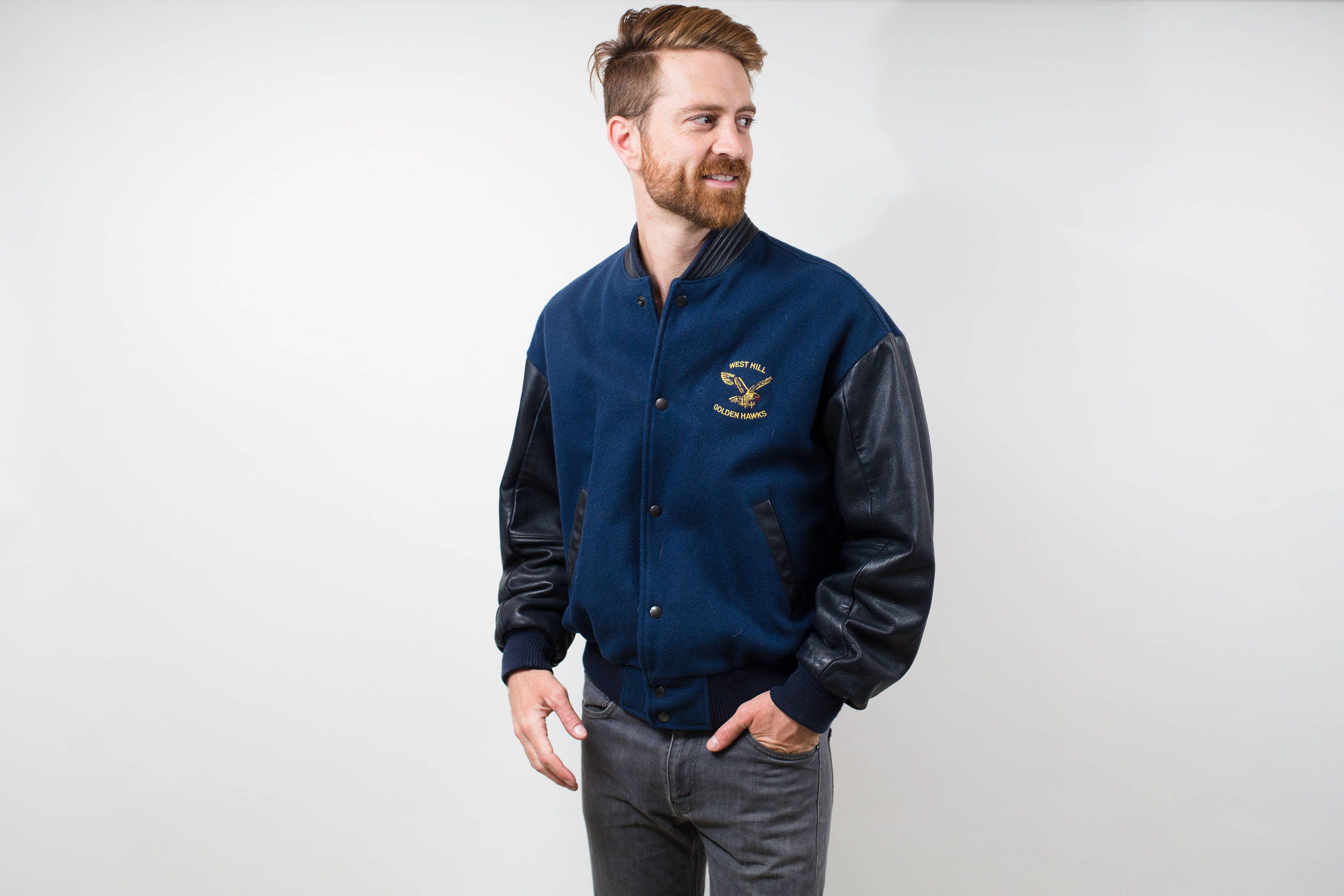 Hockey Varsity Jacket / Vintage Medium Blue Wool and Leather Bomber