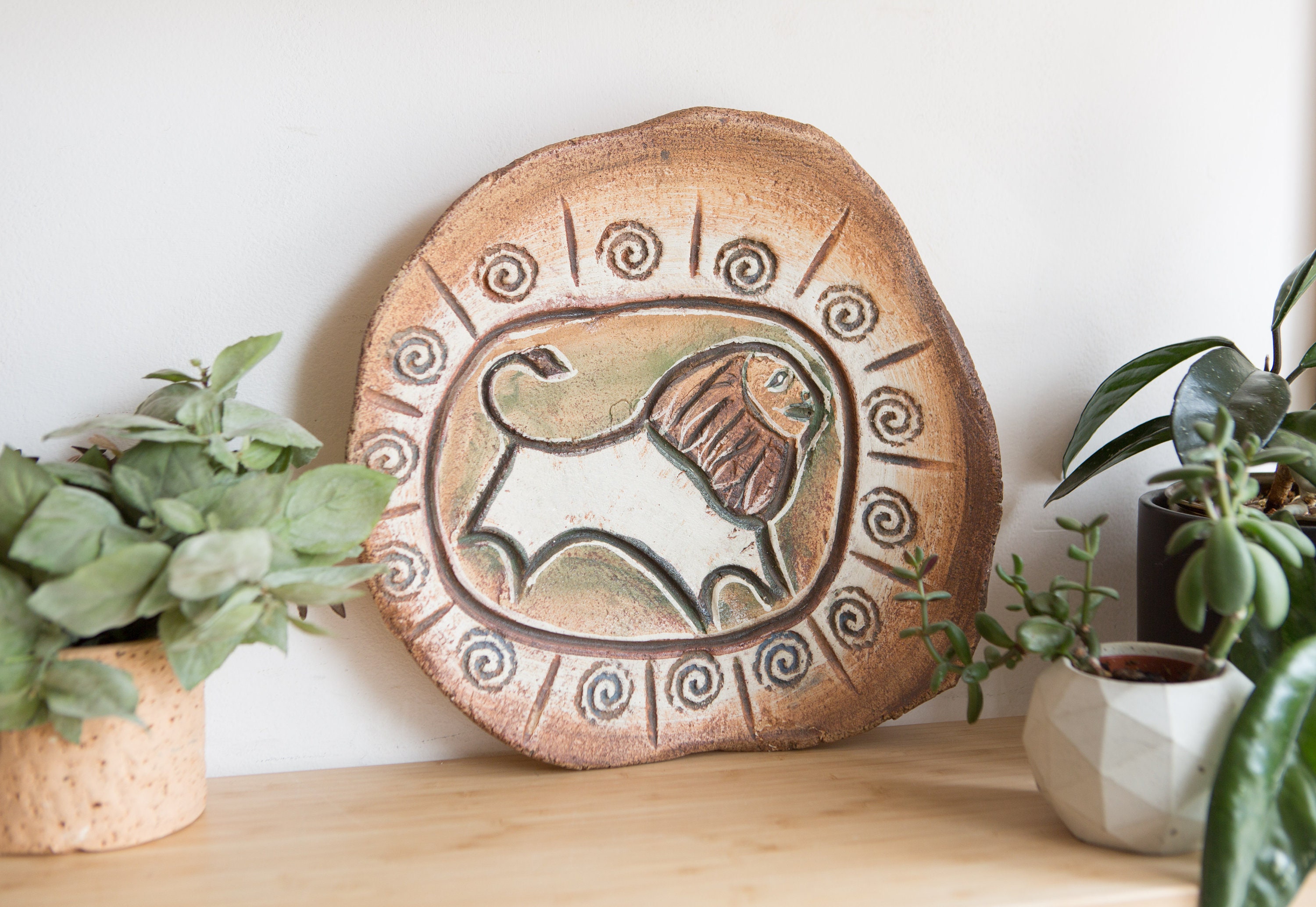 Plate with Lion Ceramic Studio Pottery Decorative Wall