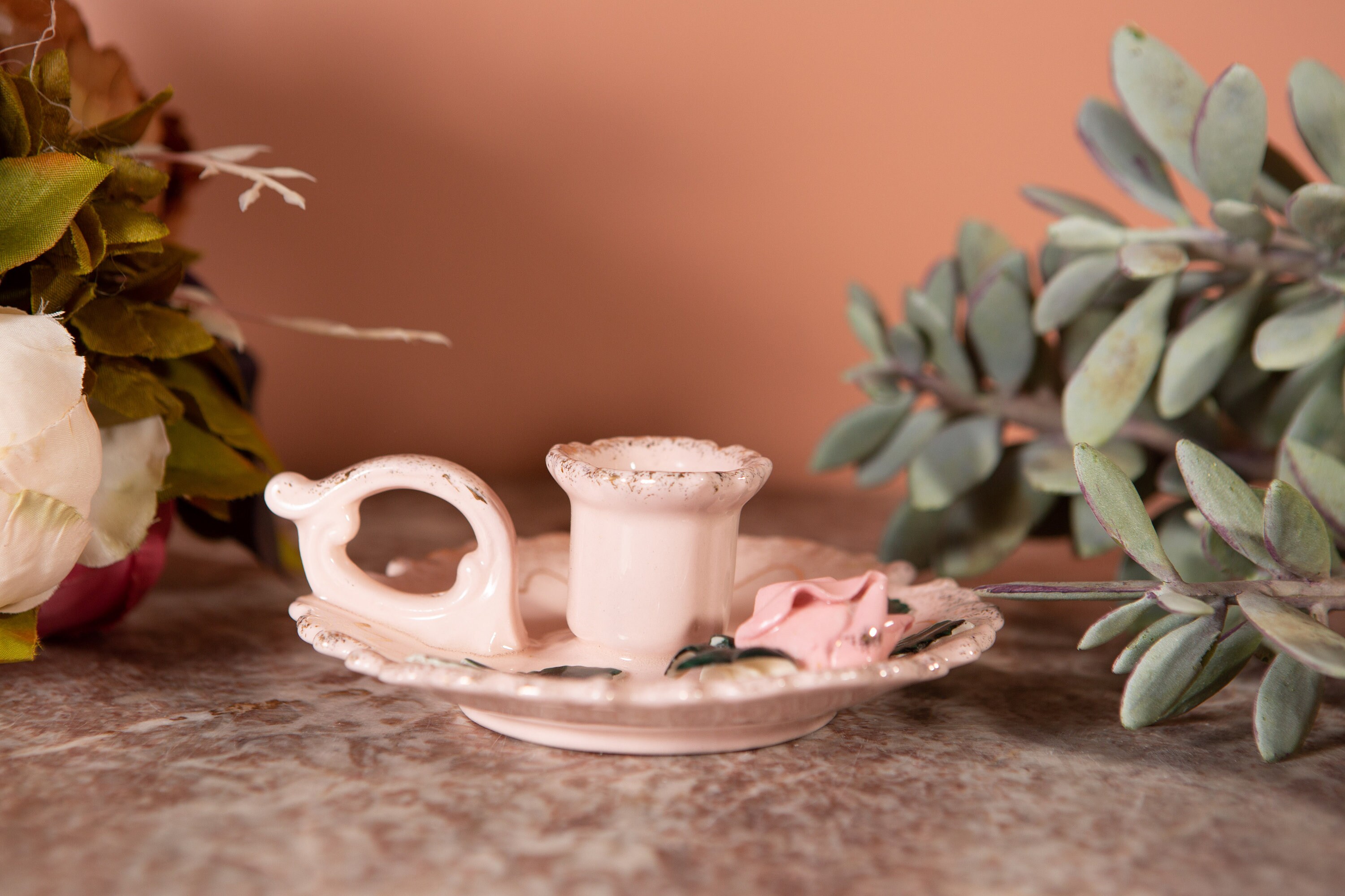 Vintage Ceramic Candlestick Holder Pink Glaze Floral Cottagecore Decor Made in Japan.
