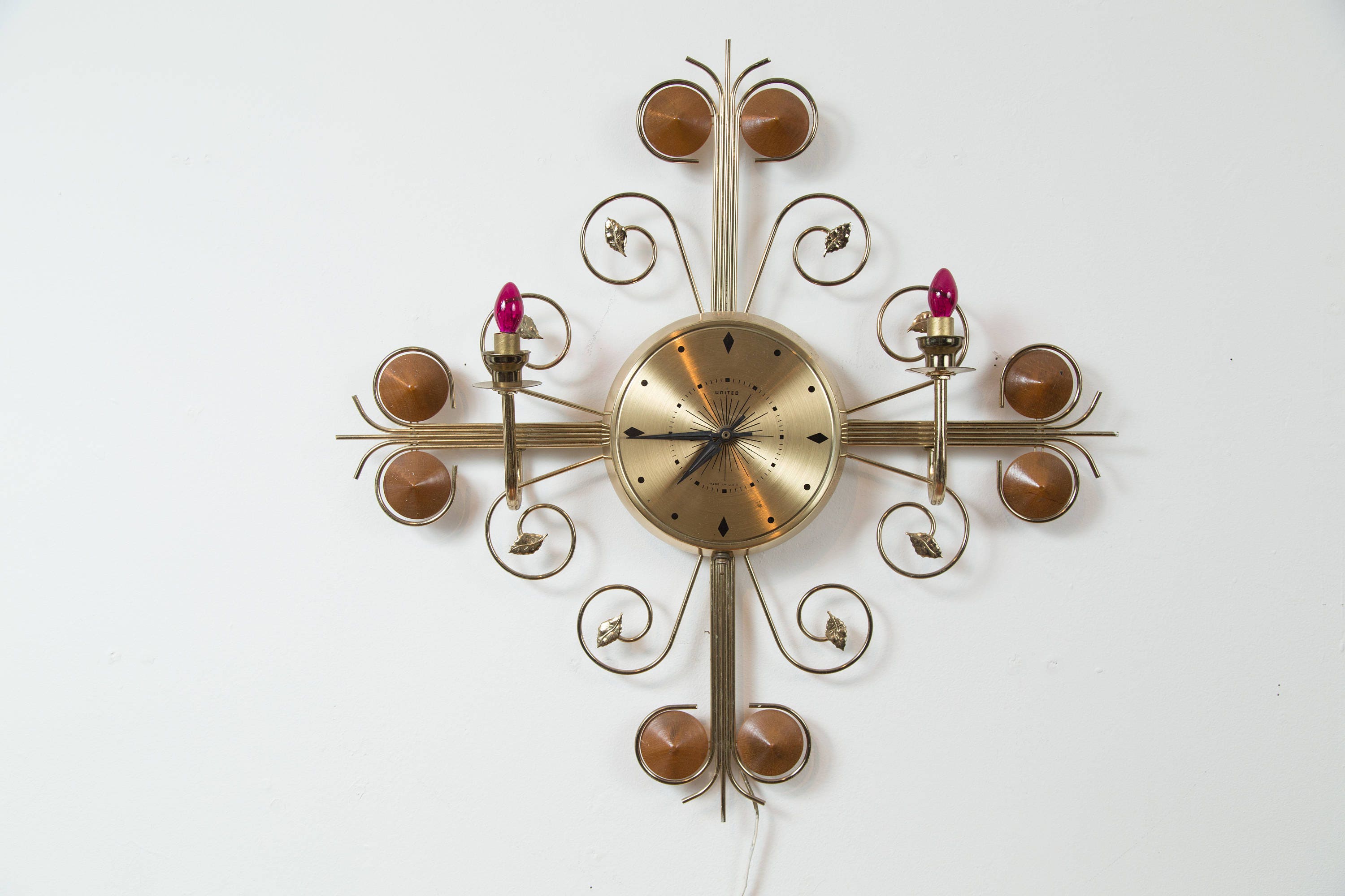 Brass Sunburst Wall Clock Working Electric Ornate Starburst Mid