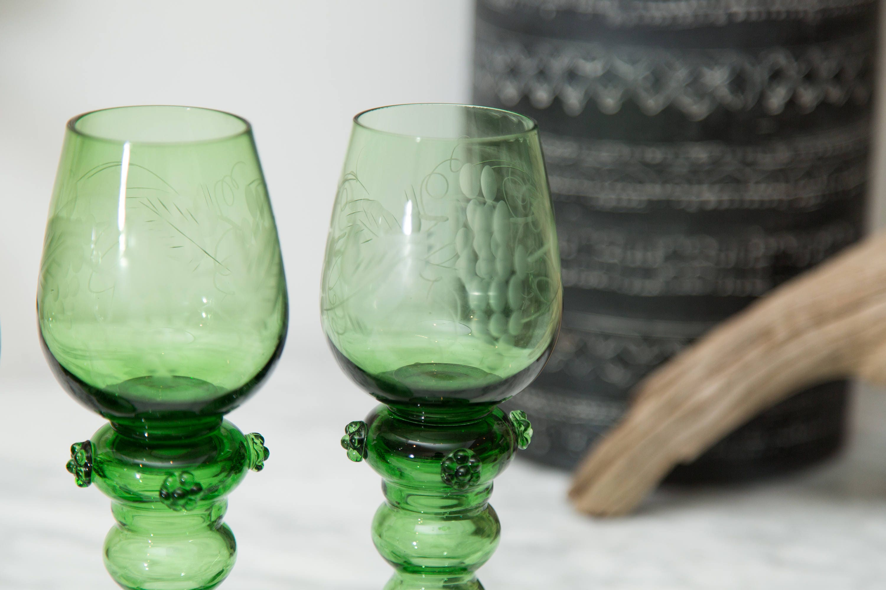 Green Wine Glasses Antique Handblown Floral Etched Set of 3 Tropical