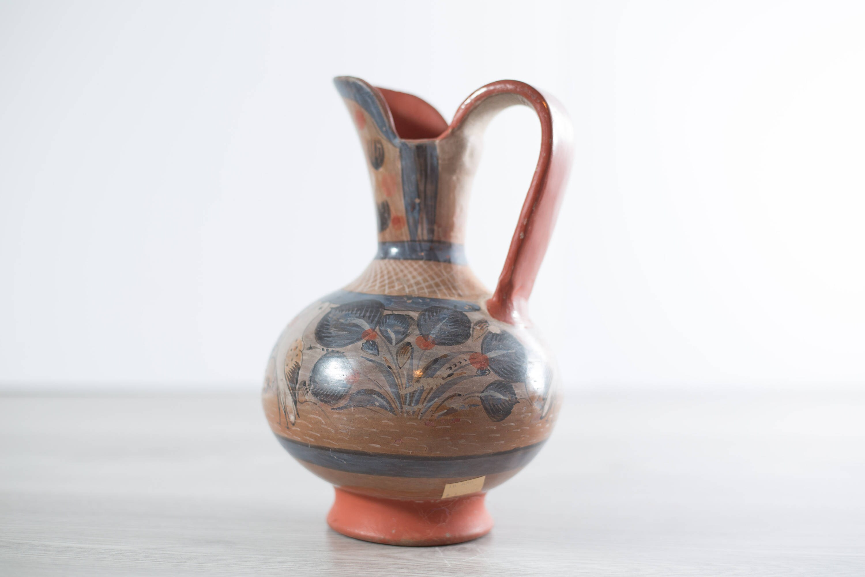 Vintage Mexican Tonala Pottery Water Jug / Hand Painted Ewer with Bird