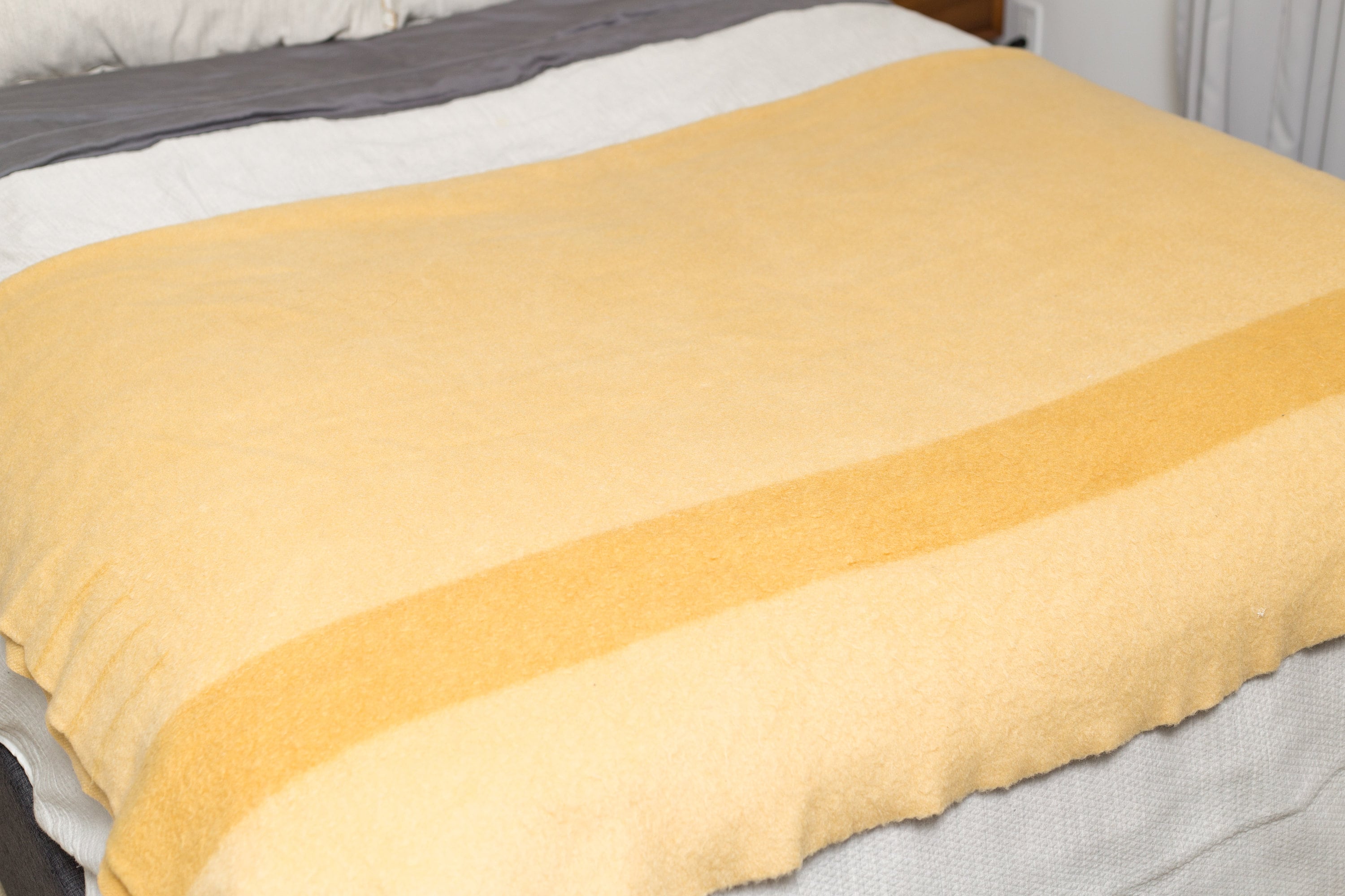 Yellow Wool Stripe Blanket Large Vintage Trapper Point Wool Blanket