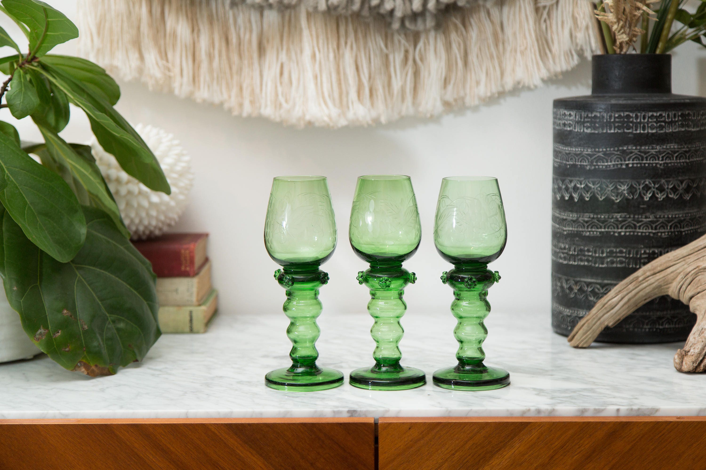 Green Wine Glasses Antique Handblown Floral Etched Set of 3 Tropical