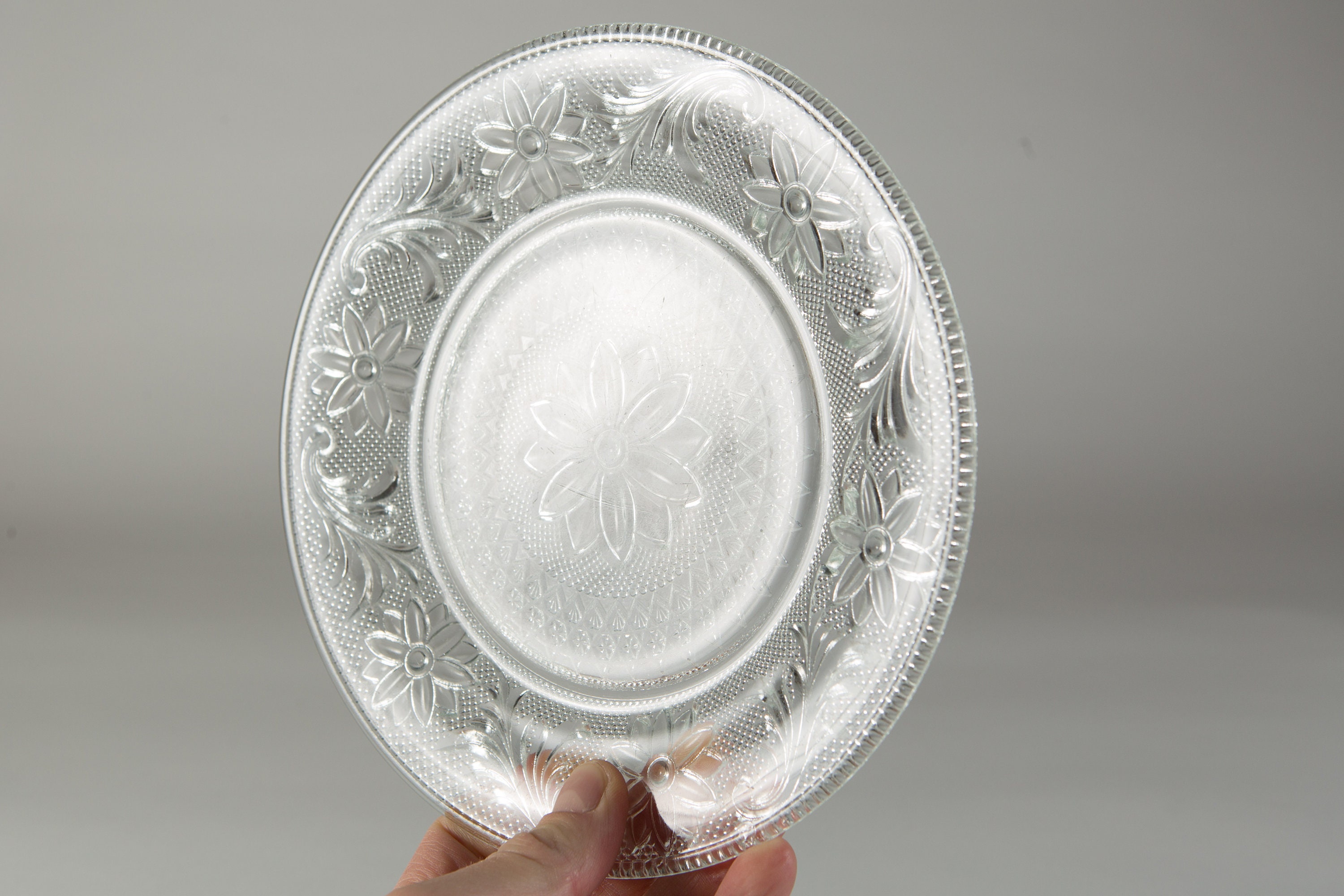 2 Indiana Sandwich Pattern Plates Vintage Glass Plates Clear Depression Glass Ornate Dinner