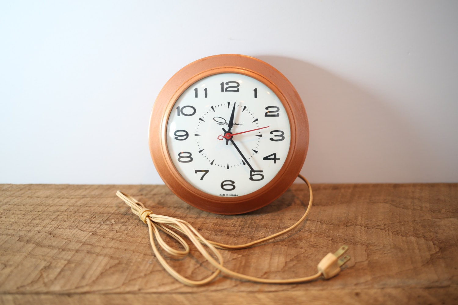 70's Ingraham Copper Coloured Electric Wall Clock Mid Century Modern Round Hanging French