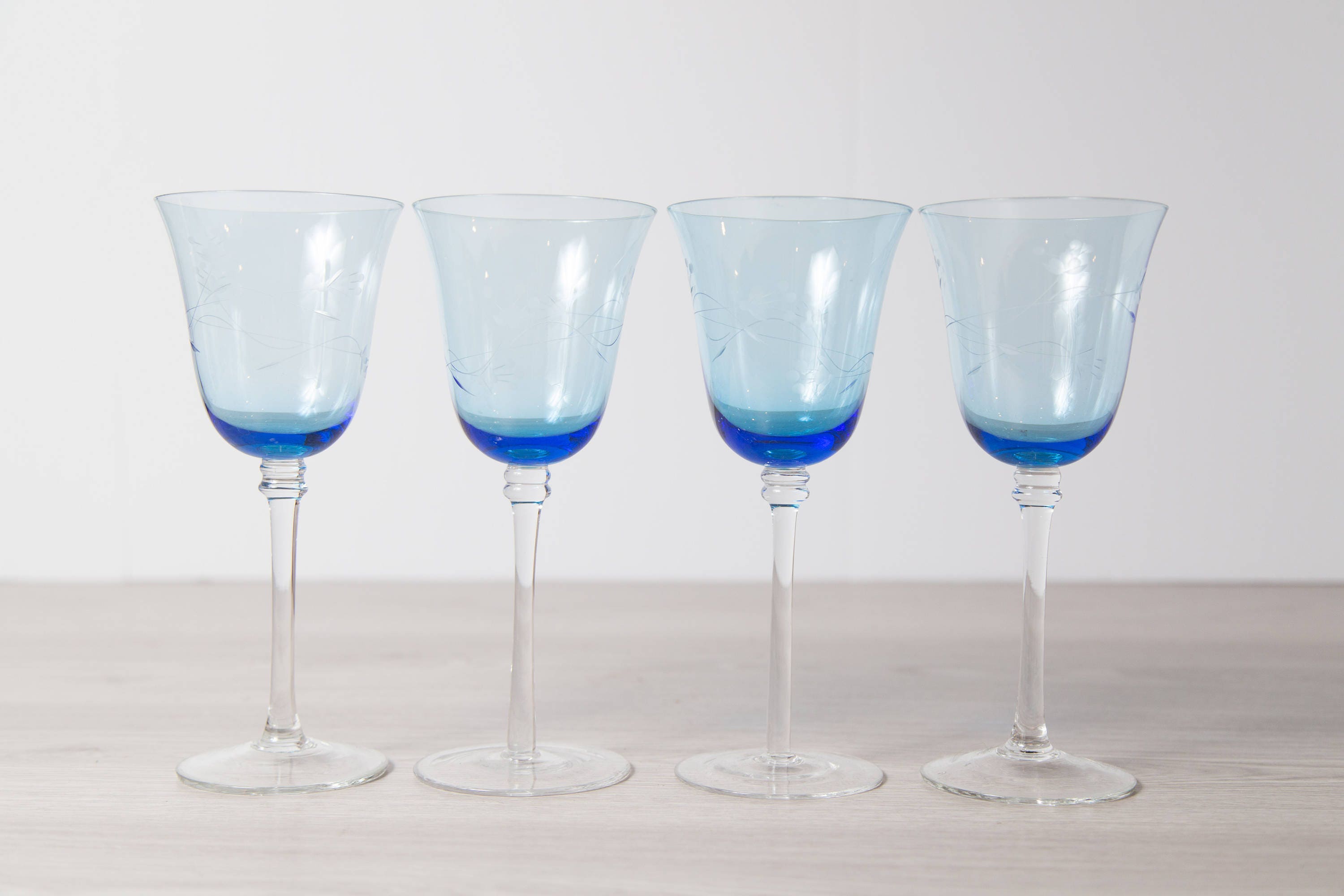 4 Blue Wine Glasses Large Vintage Floral Etched Stemware Barware