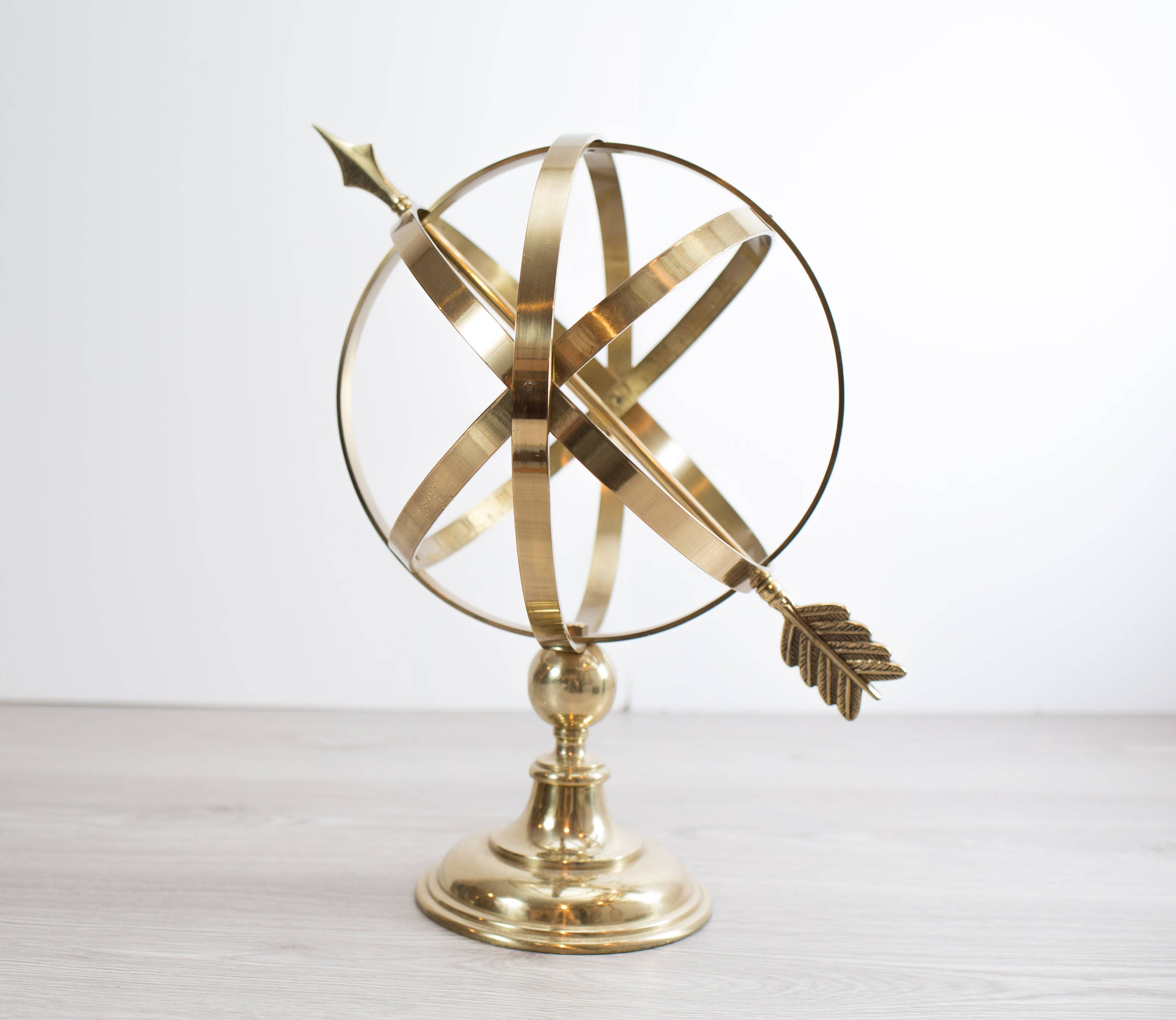 Brass Armillary Celestial Sphere / Large Tabletop Globe with Arrow