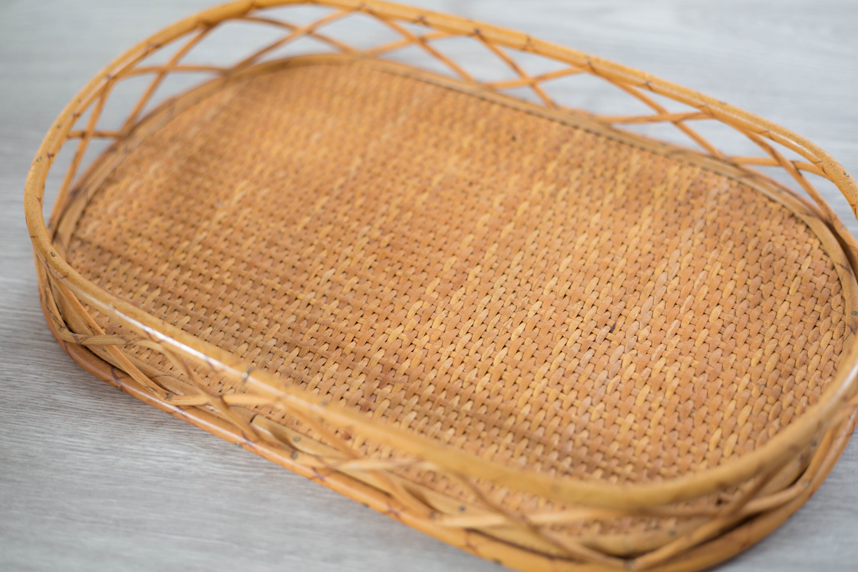 Vintage Rattan Wicker Tray / Retro Cocktail Serving Platter