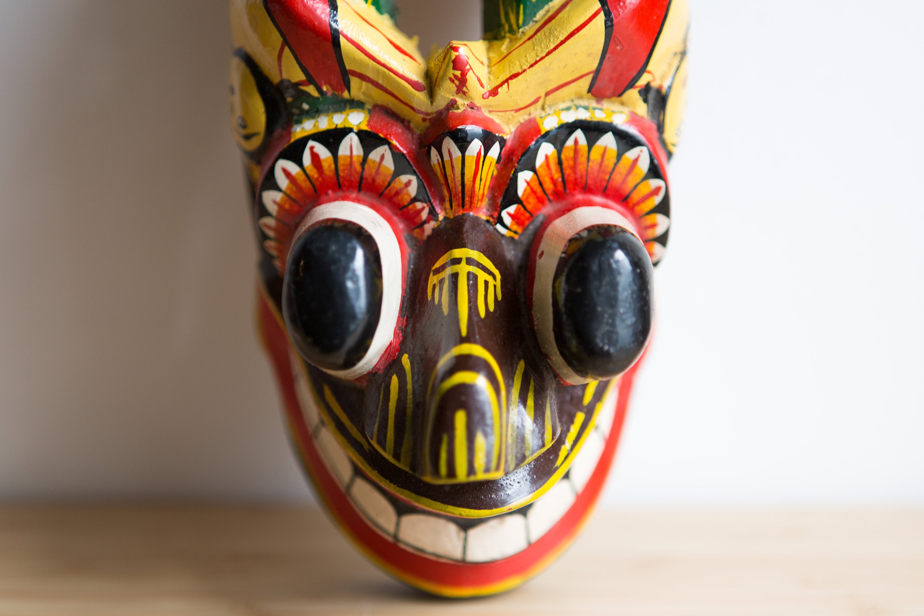 Wood Totem Wall Hanging Handcarved and Painted Sri Lankan Cobra Mask Sculpture Red and Green