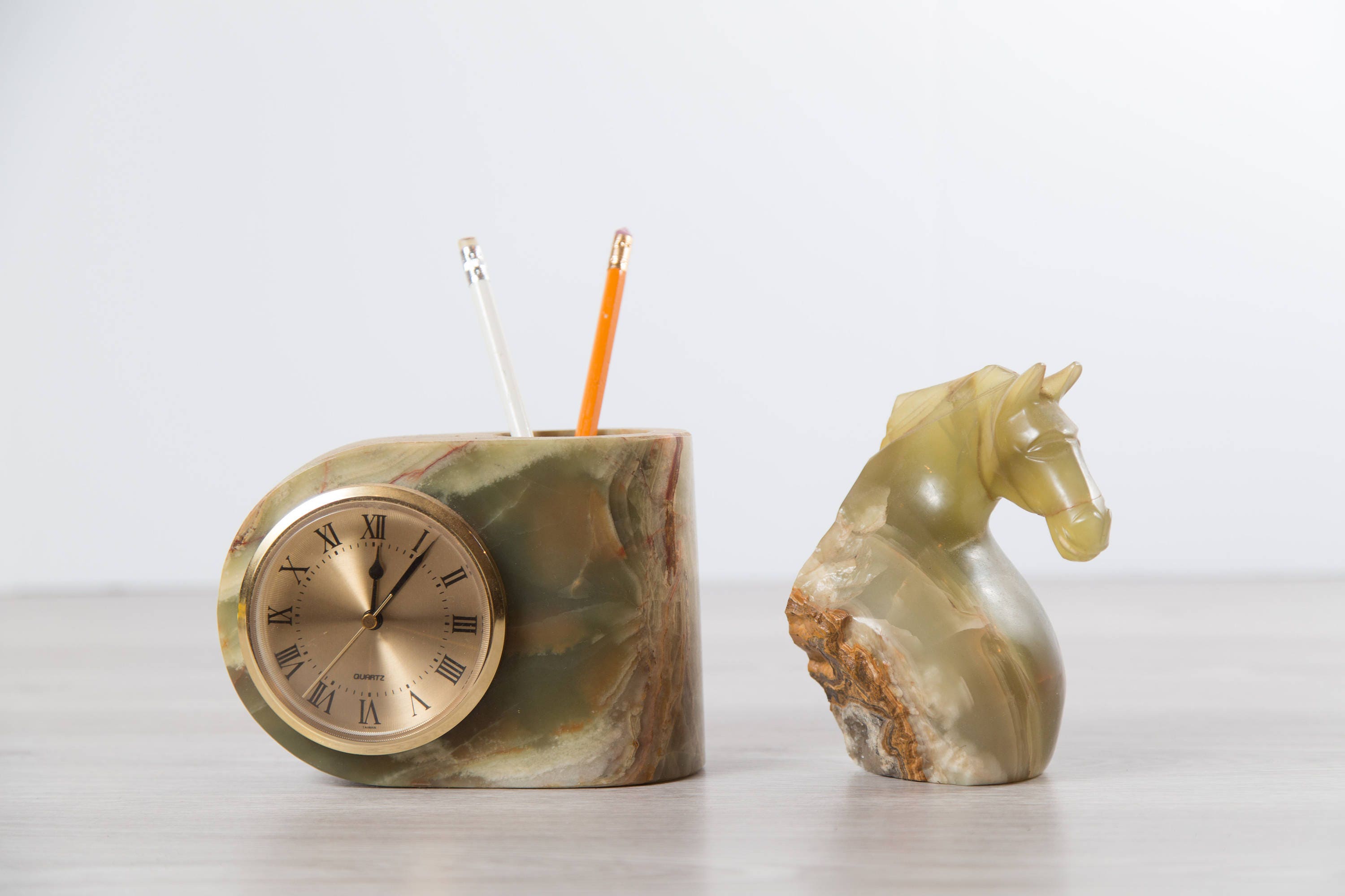 Stone Clock and Pencil Holder / Vintage Art Deco Green and Brown