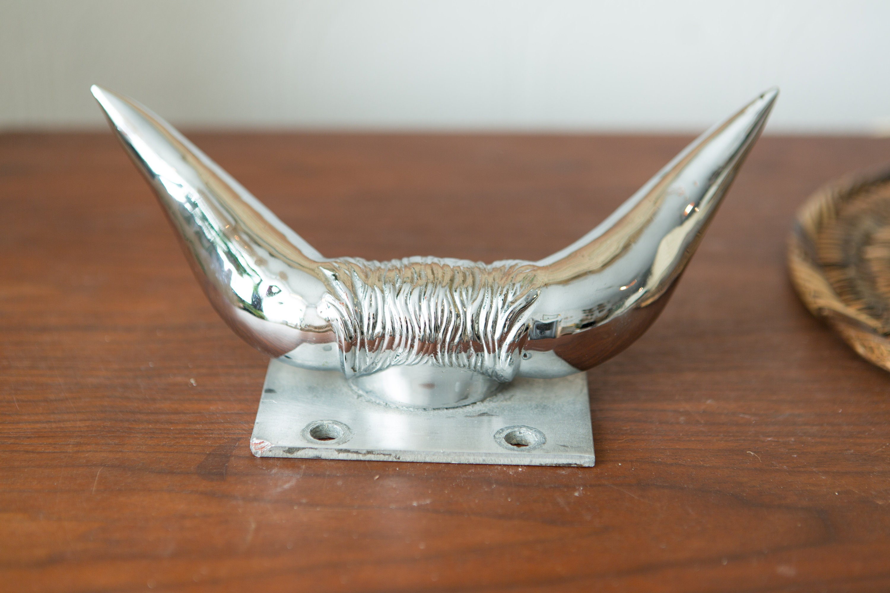 Vintage Bull Horn Hood Ornament Silver Chrome Stag Horn Car Parts