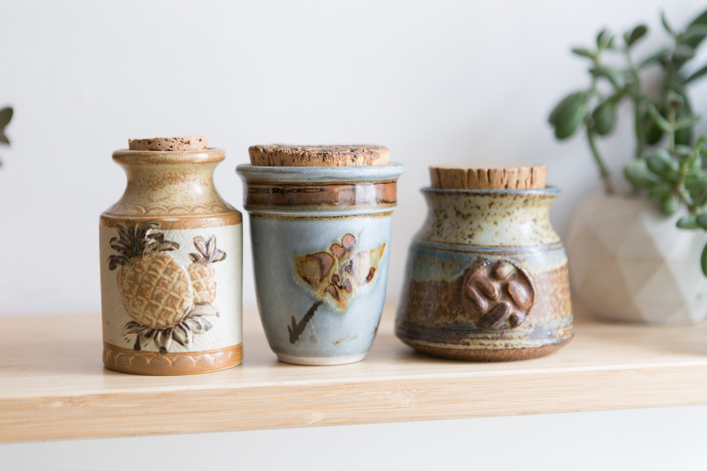 Vintage Ceramic Jars with Cork Stoppers Speckled Earthy Glaze Lidded