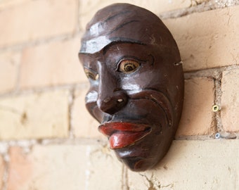 Antique Japanese Wood Mask - Vintage Hand Carved and Painted Wall Hanging Carved Face - Devil Mask Folk Art - Kyogen Noh - Oni Buaku