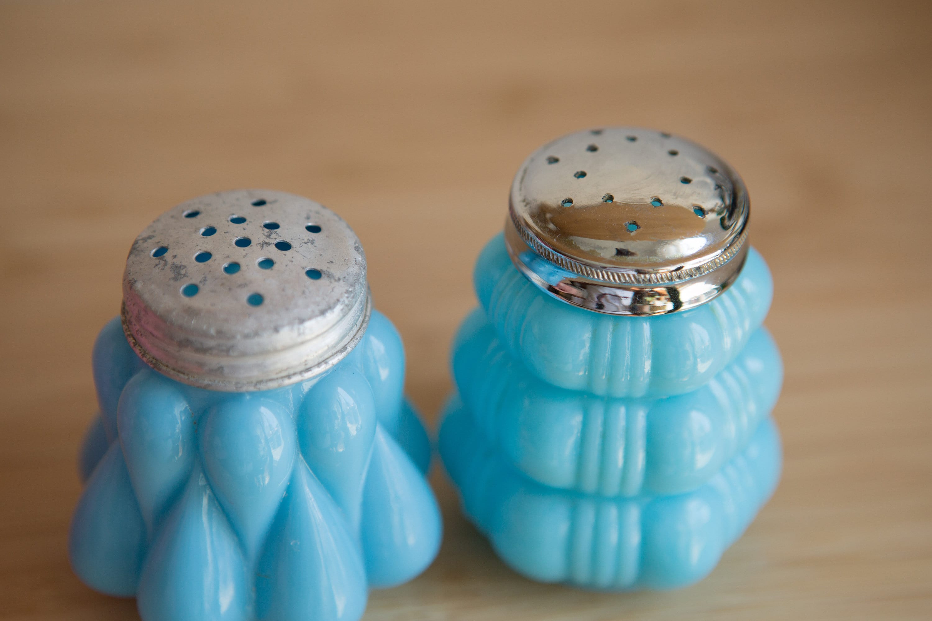 1800's Blue Glass Salt and Pepper Shakers EAPG Guttate Turquoise Blue