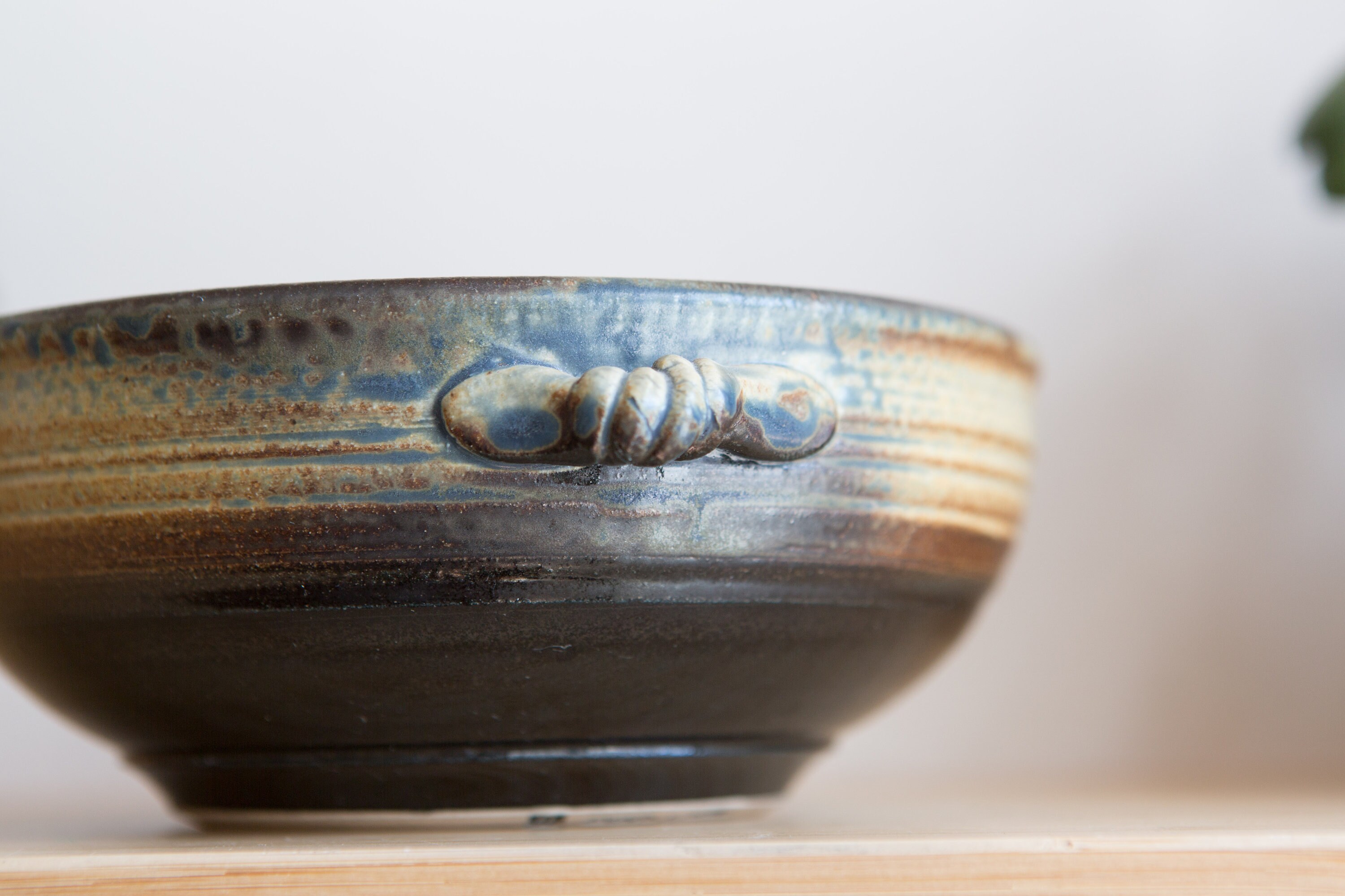 Minimalist Vintage Glazed Ceramic Bowl Signed at Bottom - Brown Striped