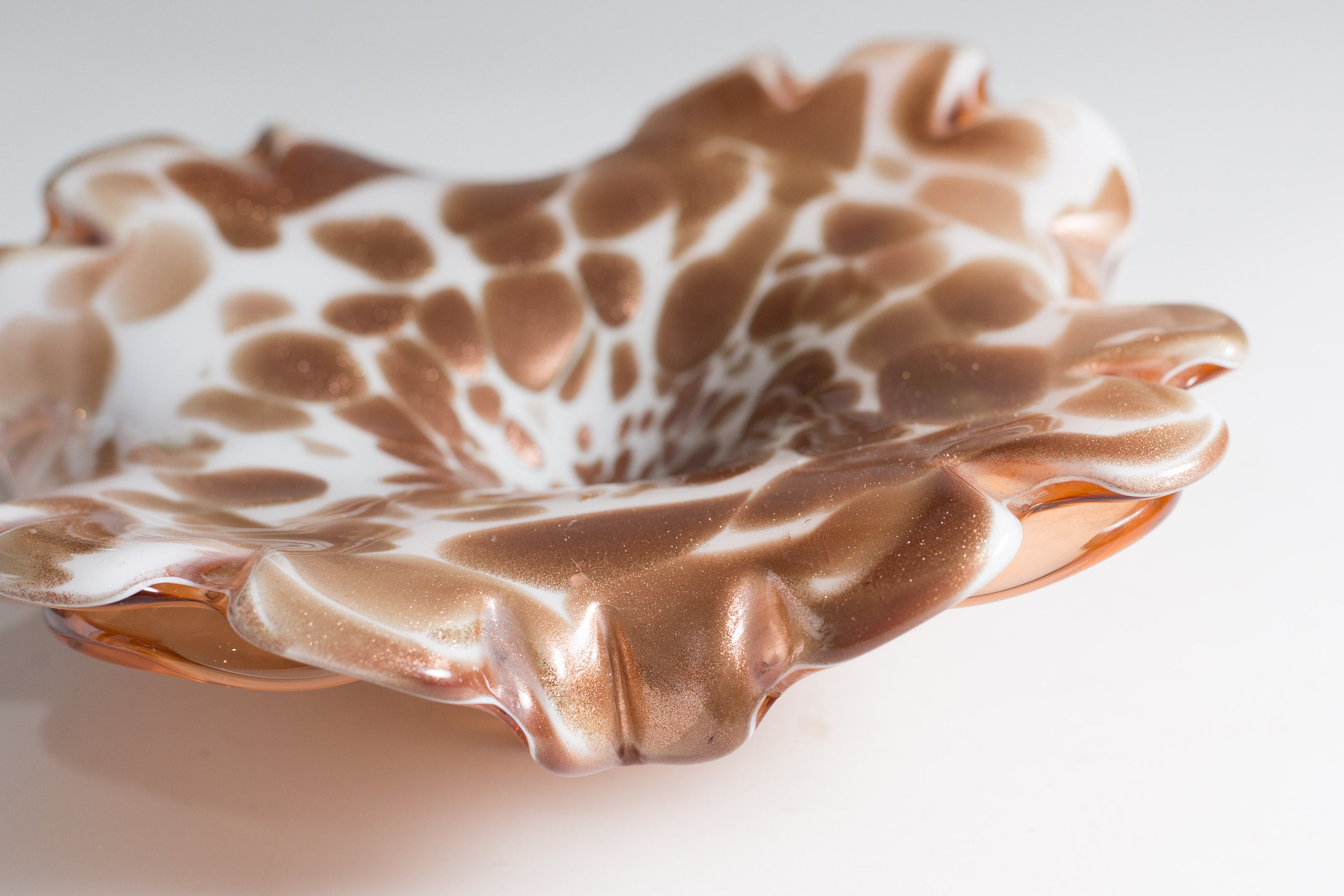 Copper Art Glass Dish Handblown Sparkly Copper and White Flower Style