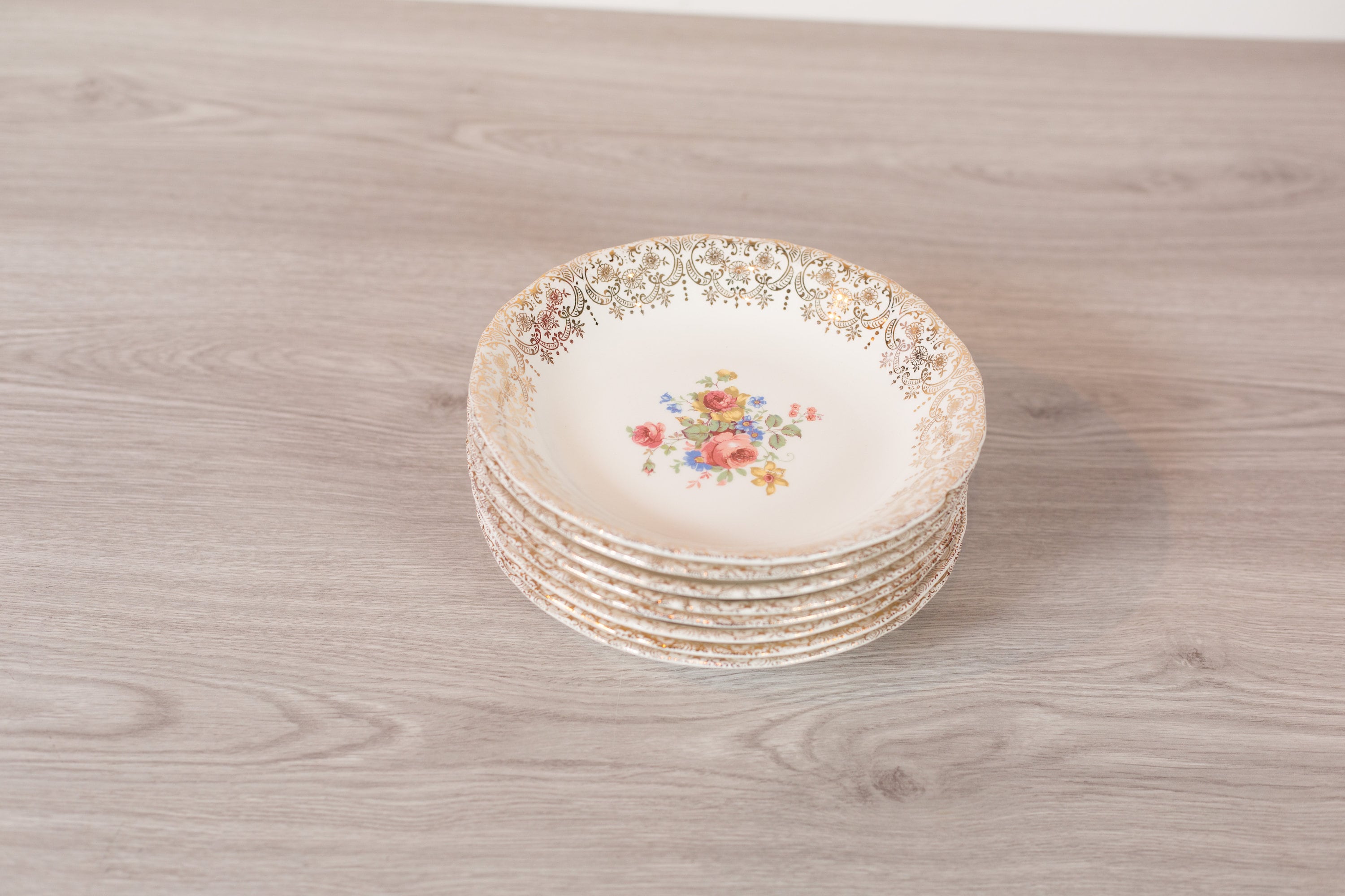 Vintage Soup Bowls Set of 8 Keystone Canonsburg Floral Bowls with Warranted 22k Gold Ornate