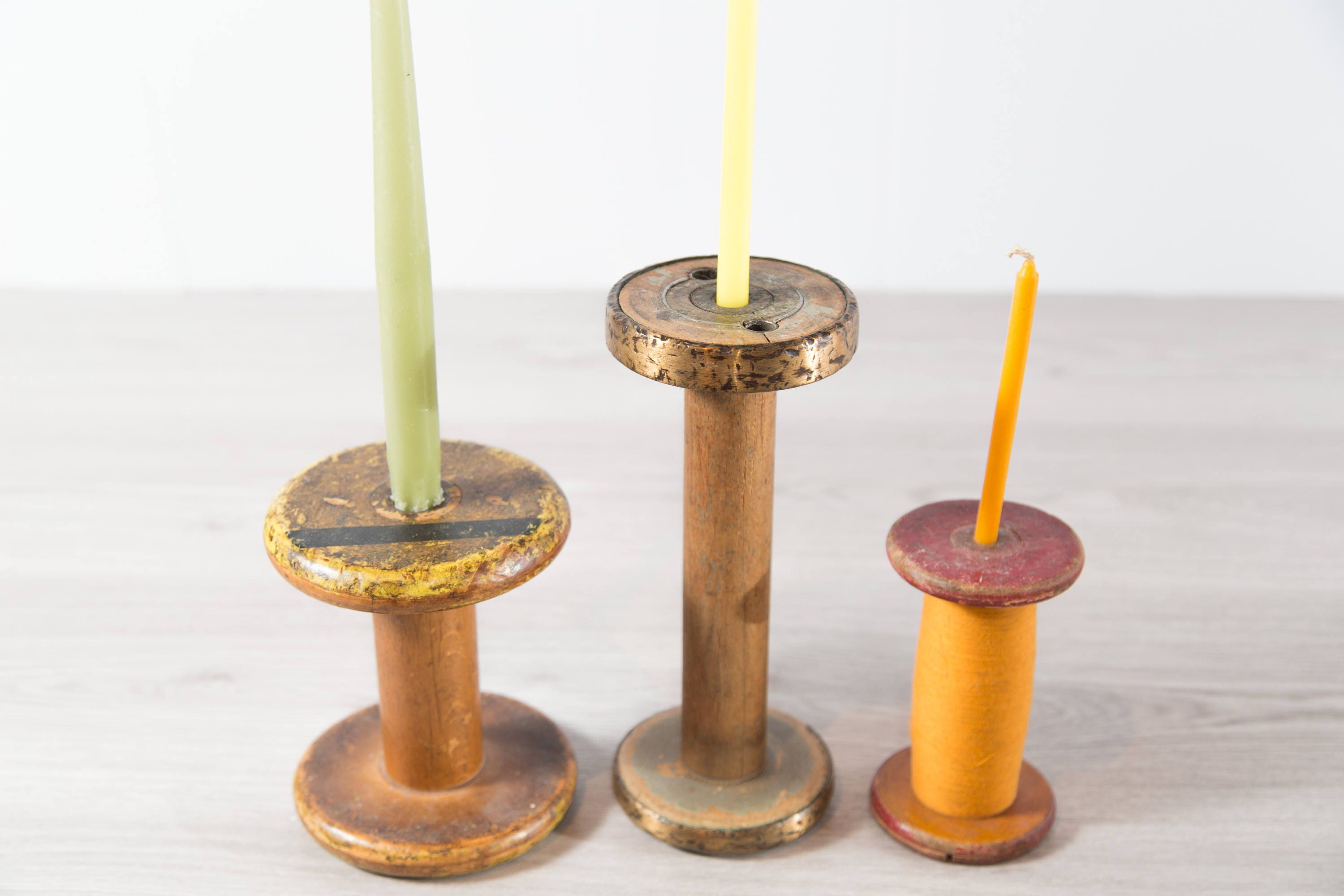 Vintage Wood Spools Set / Repurposed Candle Holders / Primitive Wool